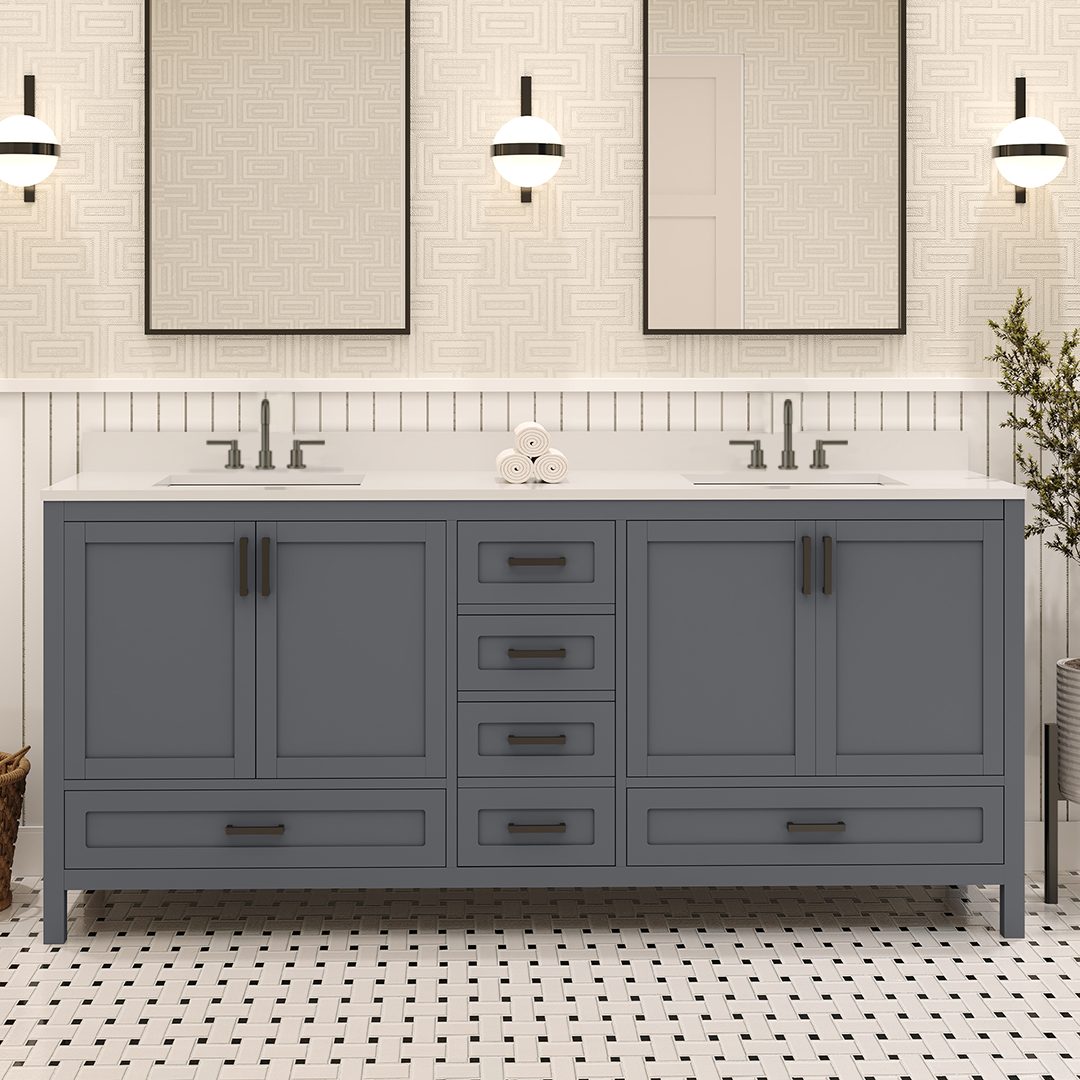 Rooh 72 Inch Solid Wood Bathroom Vanity with Undermount double Rectangle sinks & White Quartz countertop 0.75 inch edge in white