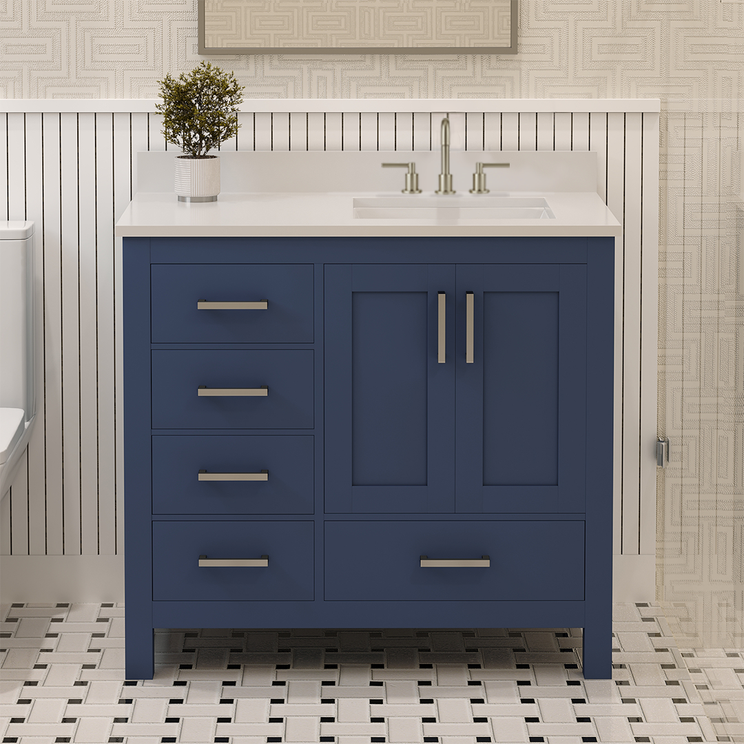 Rooh 36 Inch Right Solid Wood Single Bathroom Vanity with Undermount single Rectangle sink & White Quartz countertop 0.75 inch edge in white
