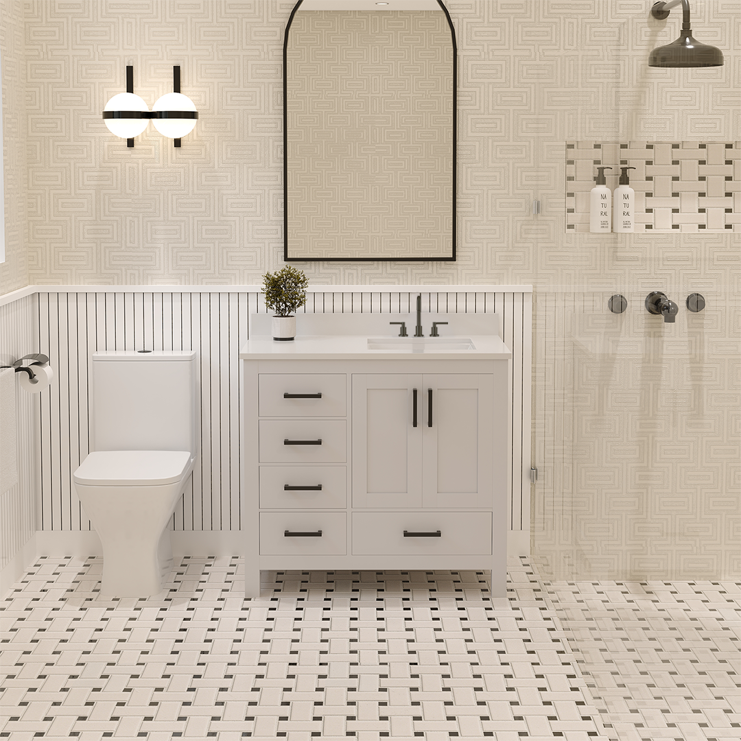 Rooh 36 Inch Right Solid Wood Single Bathroom Vanity with Undermount single Rectangle sink & White Quartz countertop 0.75 inch edge in white