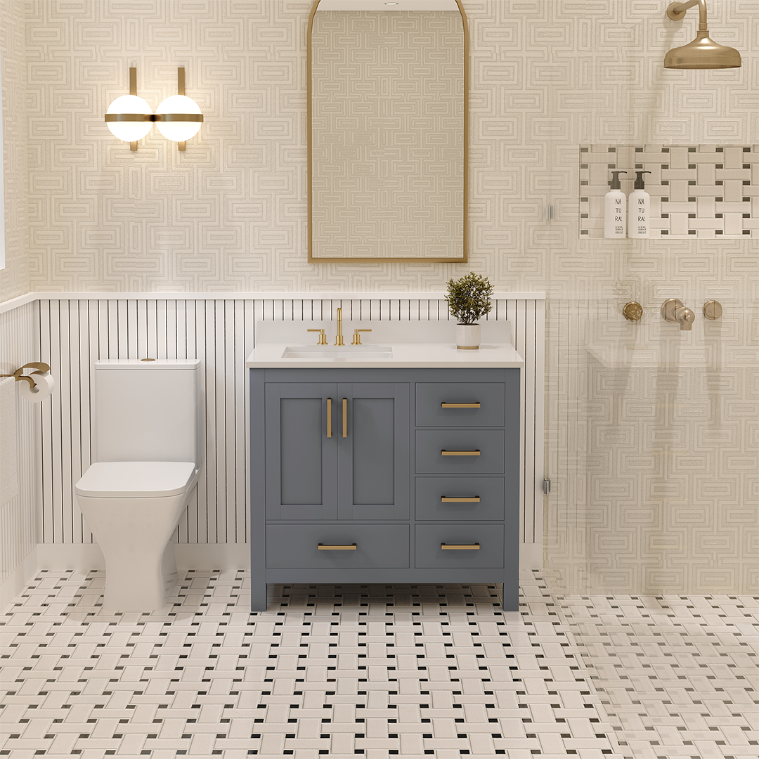 Rooh 36 Inch Left Solid Wood Single Bathroom Vanity with Undermount single Rectangle sink & White Quartz countertop 0.75 inch edge in white