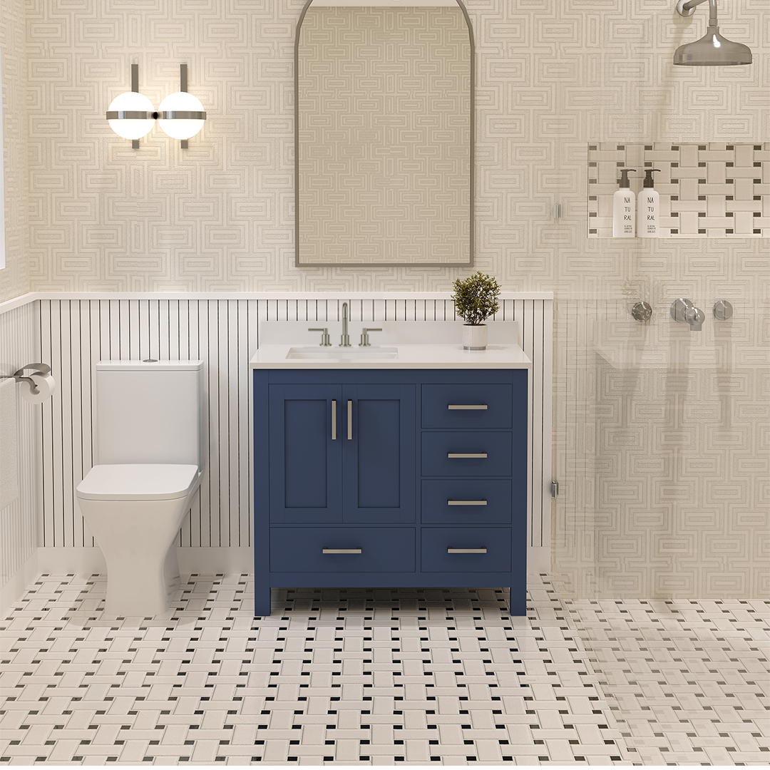 Rooh 36 Inch Left Solid Wood Single Bathroom Vanity with Undermount single Rectangle sink & White Quartz countertop 0.75 inch edge in white