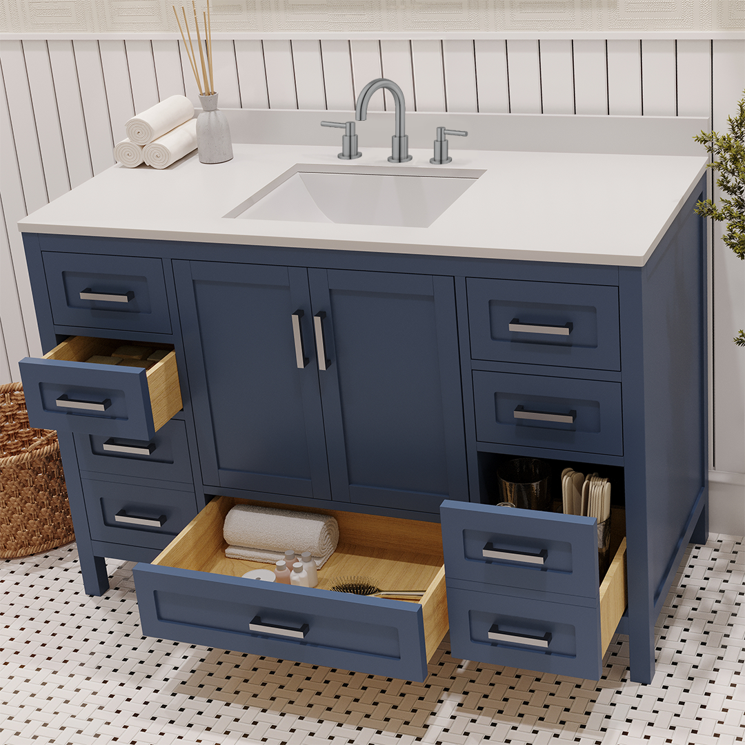 Rooh 48 Inch Solid Wood Bathroom Vanity with Undermount single Rectangle sink & White Quartz countertop 0.75 inch edge in white