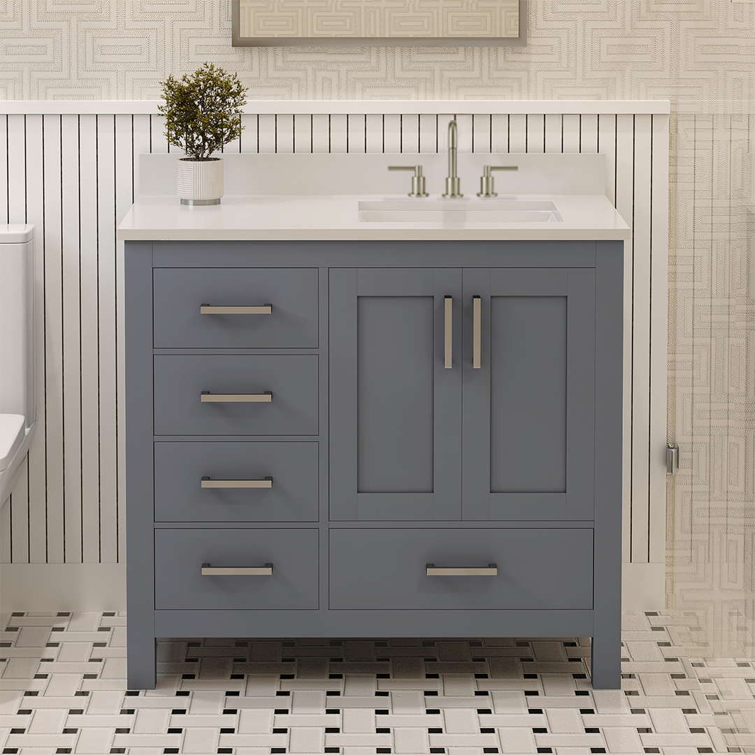 Rooh 36 Inch Right Solid Wood Single Bathroom Vanity with Undermount single Rectangle sink & White Quartz countertop 0.75 inch edge in white