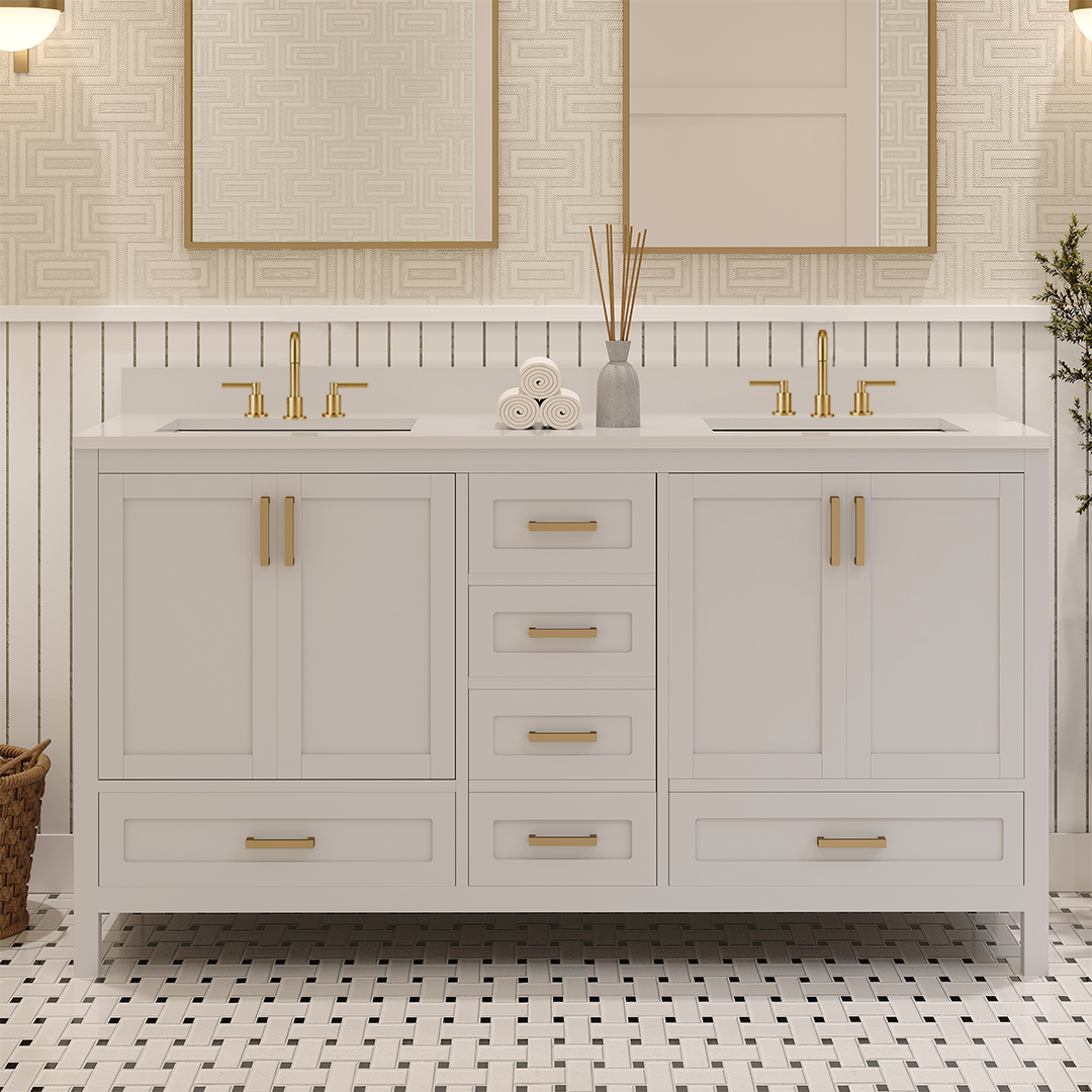 Rooh 60 Inch Solid Wood Bathroom Vanity with Undermount double Rectangle sinks & White Quartz countertop 0.75 inch edge in white