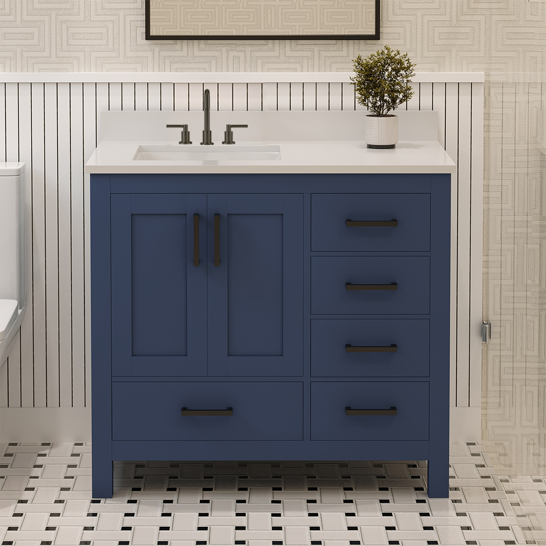 Rooh 36 Inch Left Solid Wood Single Bathroom Vanity with Undermount single Rectangle sink & White Quartz countertop 0.75 inch edge in white