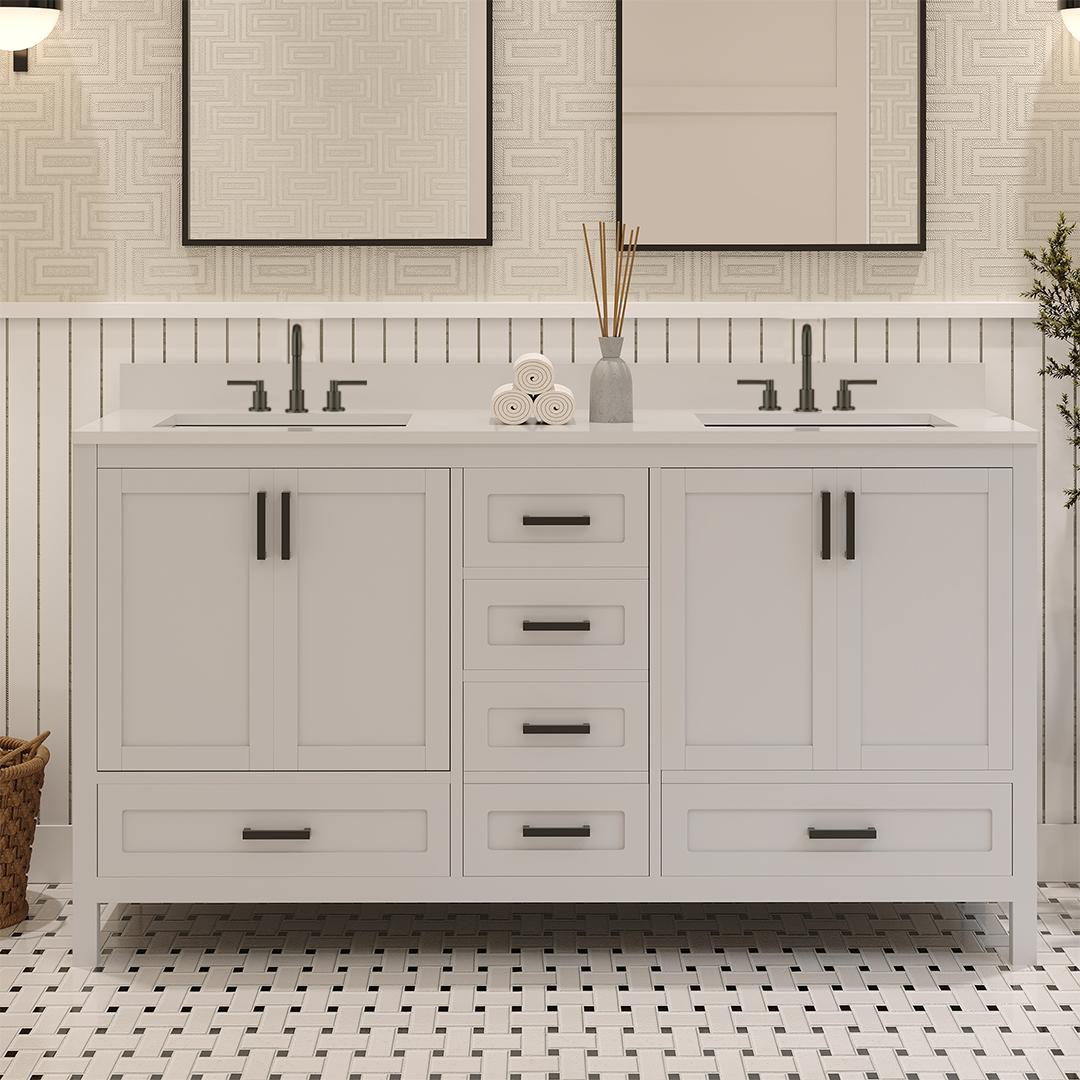 Rooh 60 Inch Solid Wood Bathroom Vanity with Undermount double Rectangle sinks & White Quartz countertop 0.75 inch edge in white