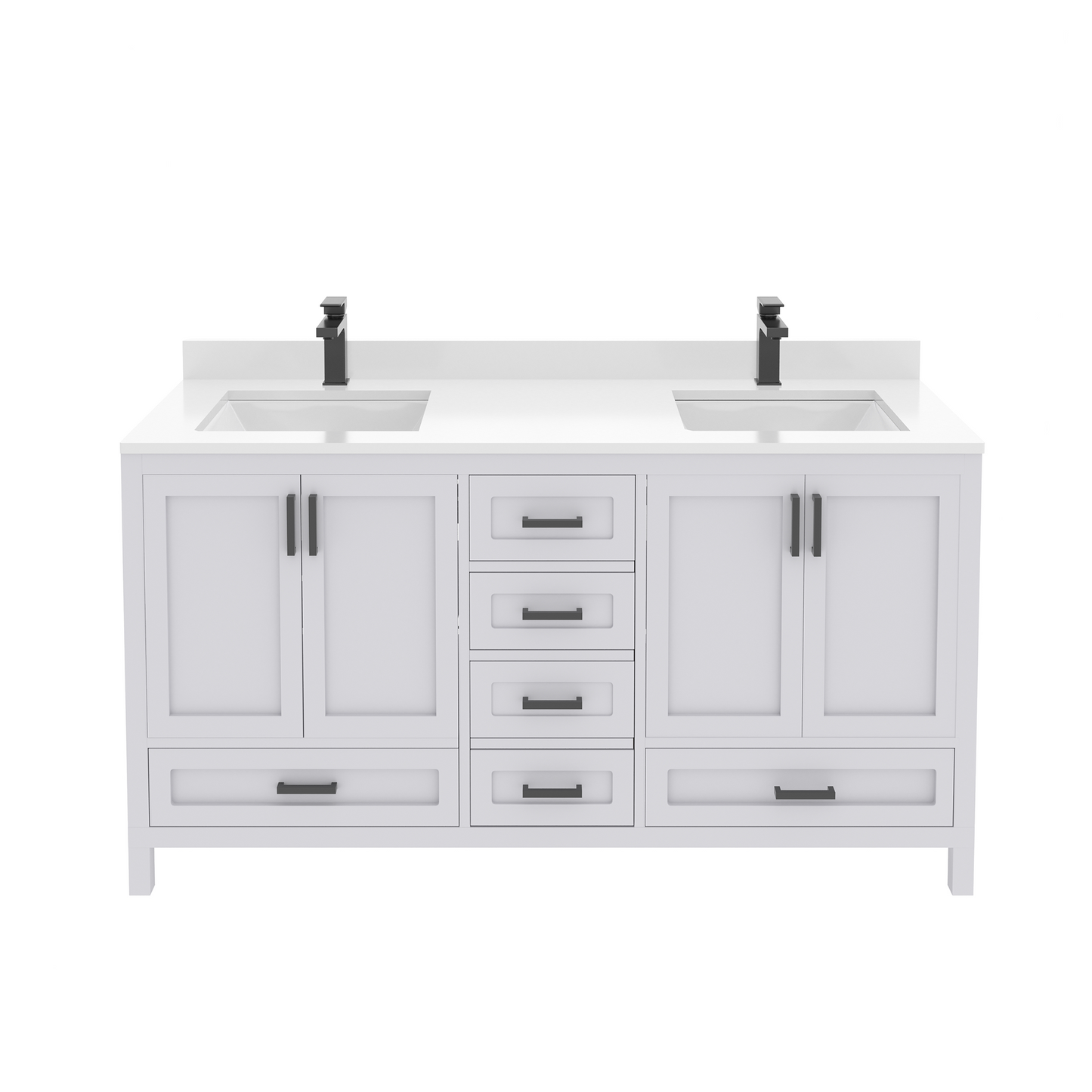 Rooh 60 Inch Solid Wood Bathroom Vanity with Undermount double Rectangle sinks & White Quartz countertop 0.75 inch edge in white