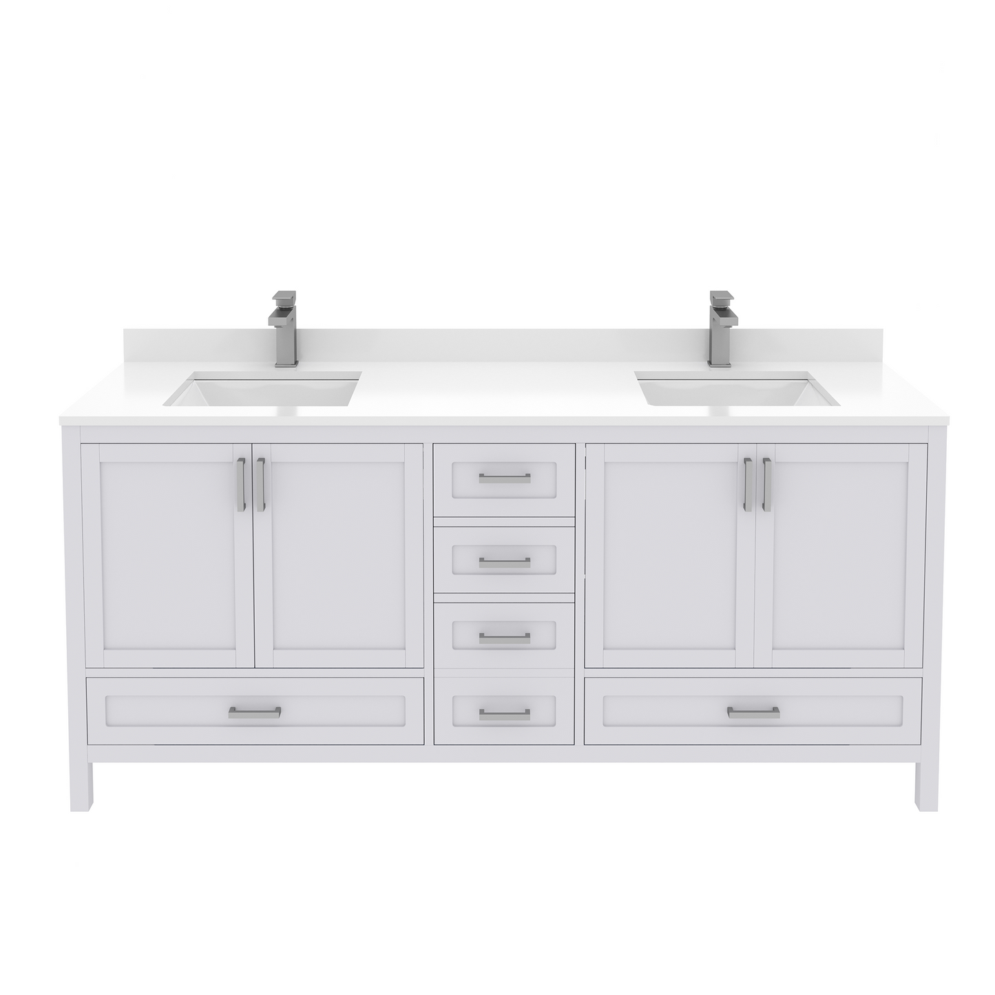 Rooh 72 Inch Solid Wood Bathroom Vanity with Undermount double Rectangle sinks & White Quartz countertop 0.75 inch edge in white