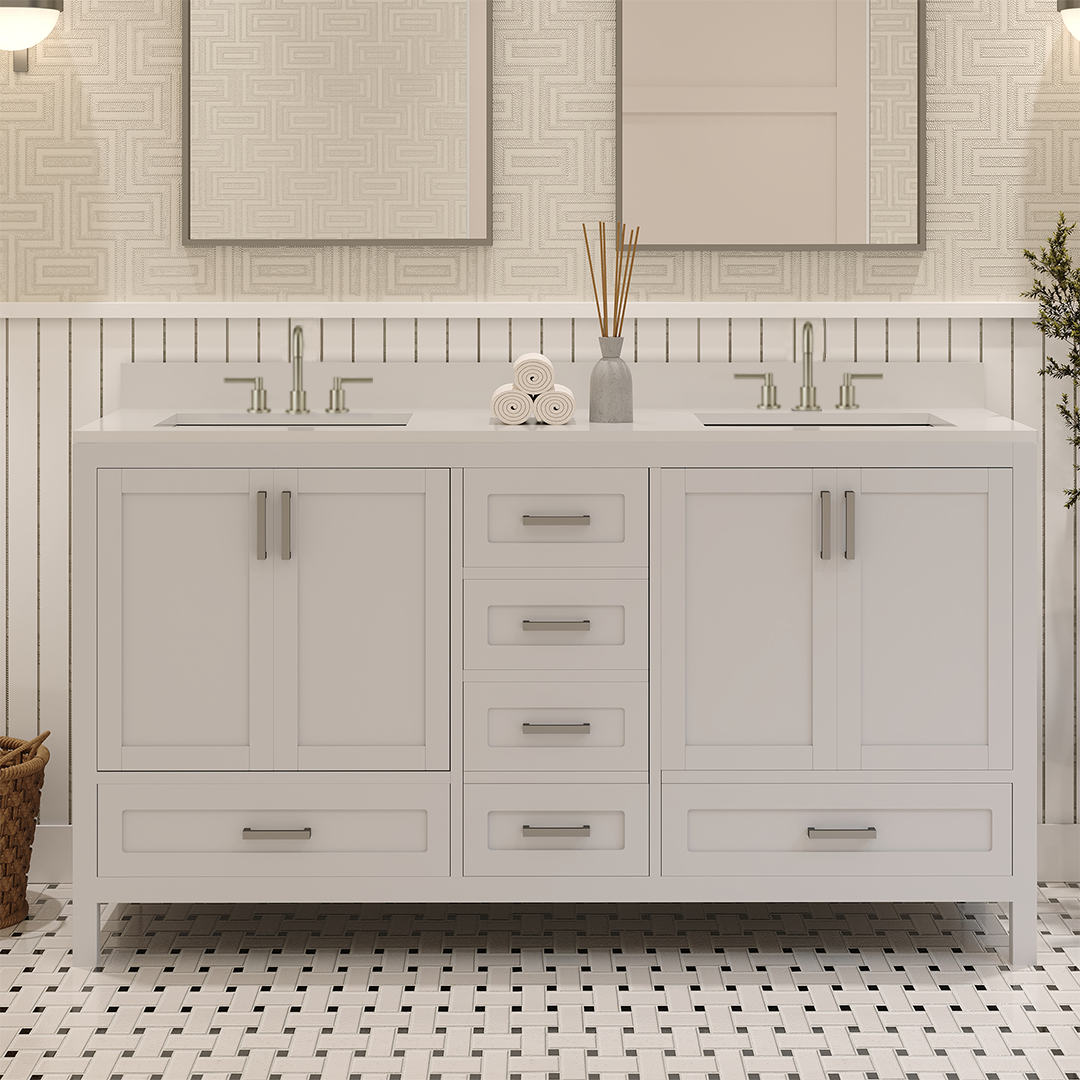Rooh 60 Inch Solid Wood Bathroom Vanity with Undermount double Rectangle sinks & White Quartz countertop 0.75 inch edge in white