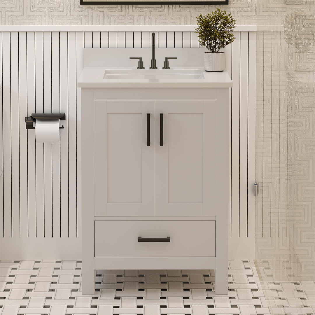 Rooh 24 Inch Solid Wood Bathroom Vanity with Undermount single Rectangle sink & White Quartz countertop 0.75 inch edge in white
