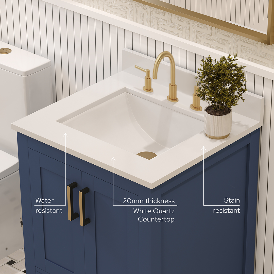 Rooh 24 Inch Solid Wood Bathroom Vanity with Undermount single Rectangle sink & White Quartz countertop 0.75 inch edge in white