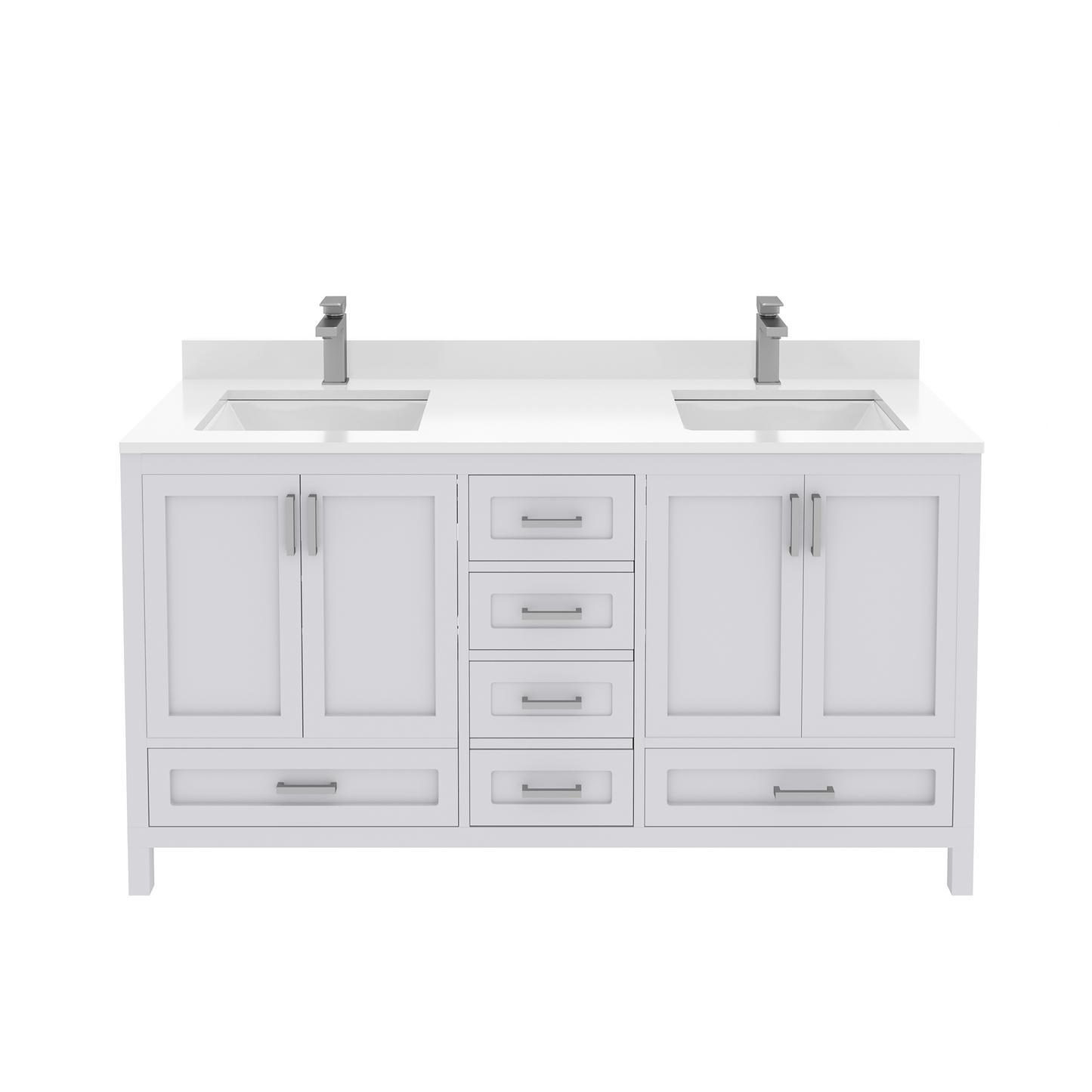 Rooh 60 Inch Solid Wood Bathroom Vanity with Undermount double Rectangle sinks & White Quartz countertop 0.75 inch edge in white