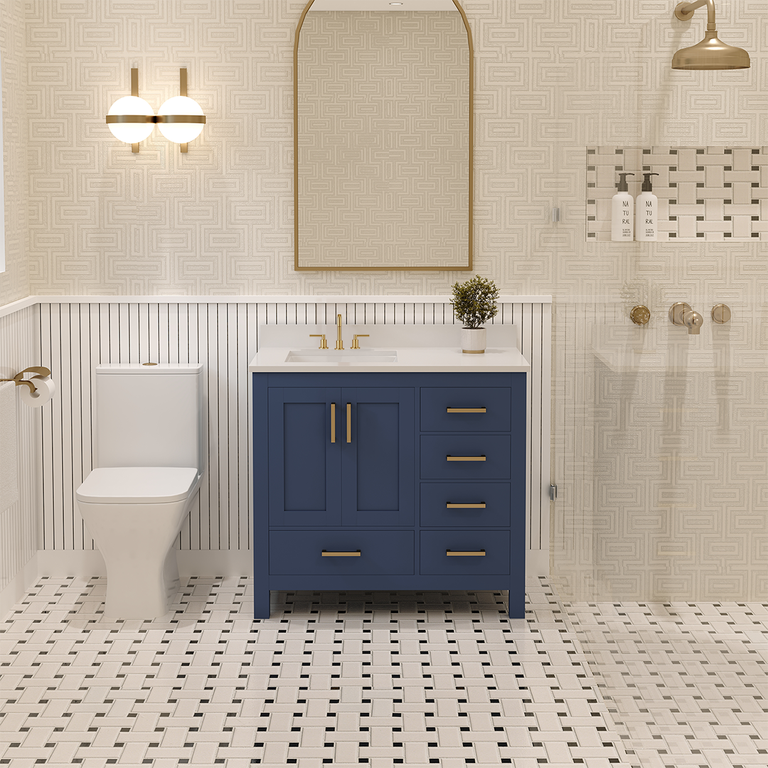 Rooh 36 Inch Left Solid Wood Single Bathroom Vanity with Undermount single Rectangle sink & White Quartz countertop 0.75 inch edge in white