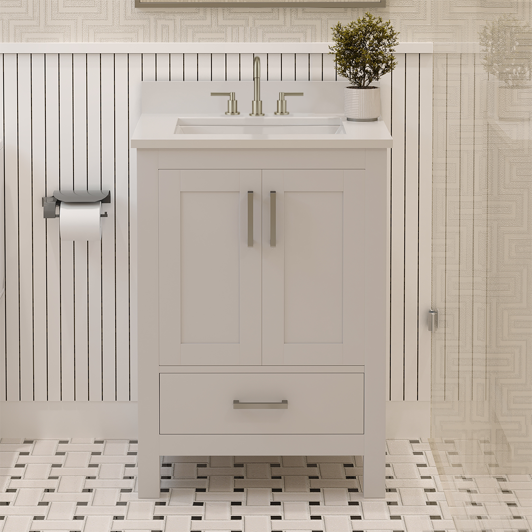 Rooh 24 Inch Solid Wood Bathroom Vanity with Undermount single Rectangle sink & White Quartz countertop 0.75 inch edge in white