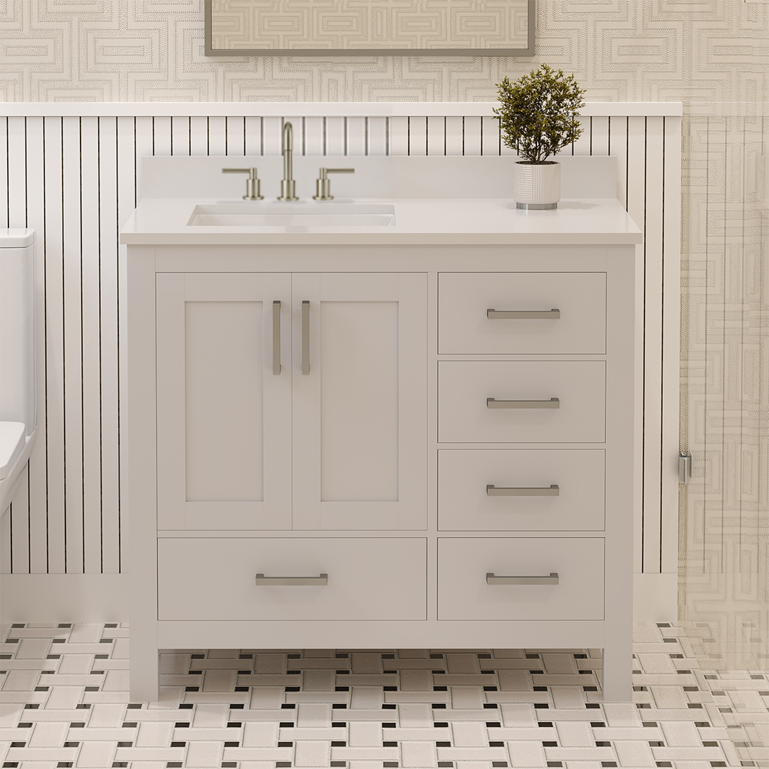 Rooh 36 Inch Left Solid Wood Single Bathroom Vanity with Undermount single Rectangle sink & White Quartz countertop 0.75 inch edge in white
