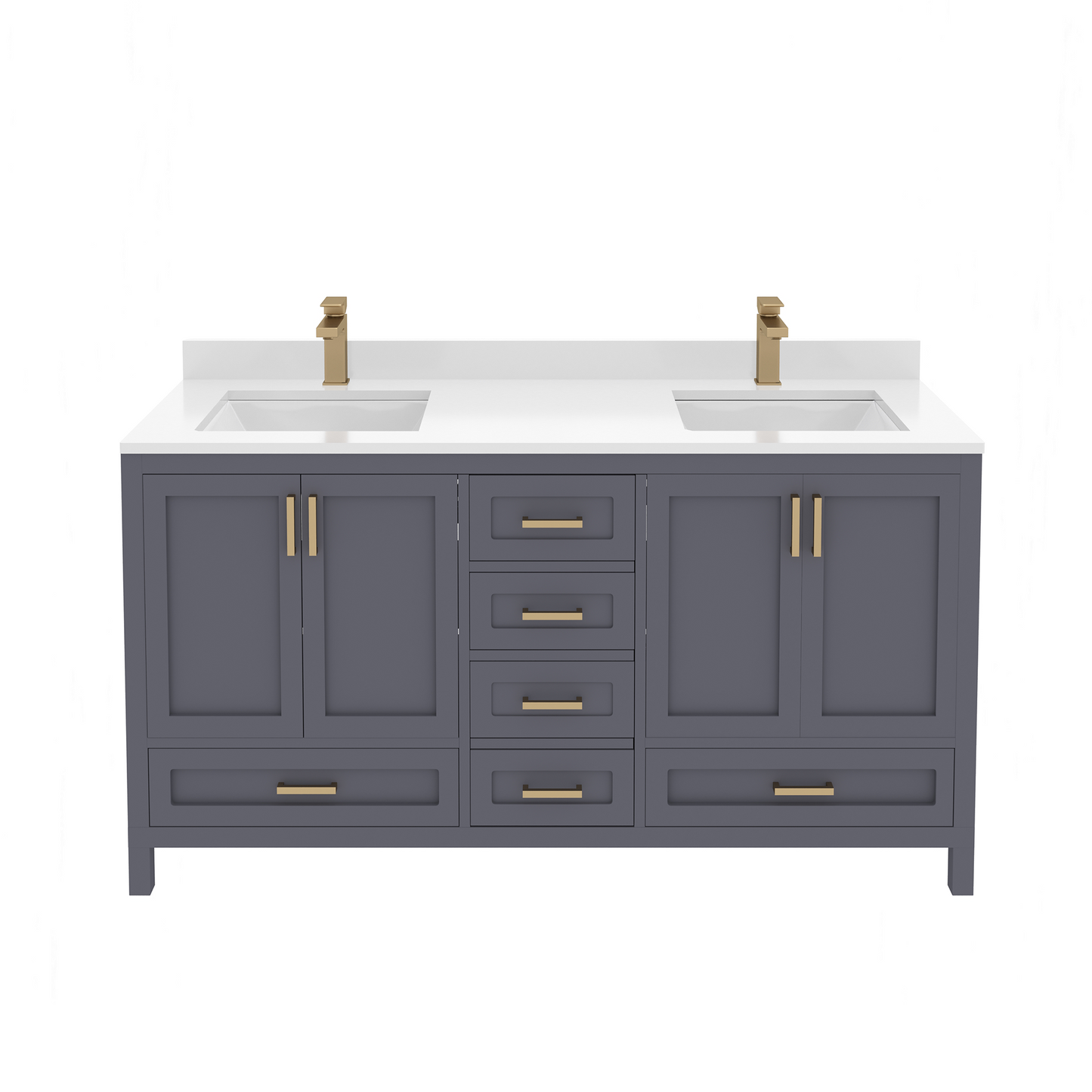 Rooh 60 Inch Solid Wood Bathroom Vanity with Undermount double Rectangle sinks & White Quartz countertop 0.75 inch edge in white