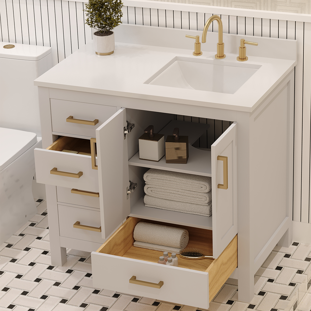 Rooh 36 Inch Right Solid Wood Single Bathroom Vanity with Undermount single Rectangle sink & White Quartz countertop 0.75 inch edge in white