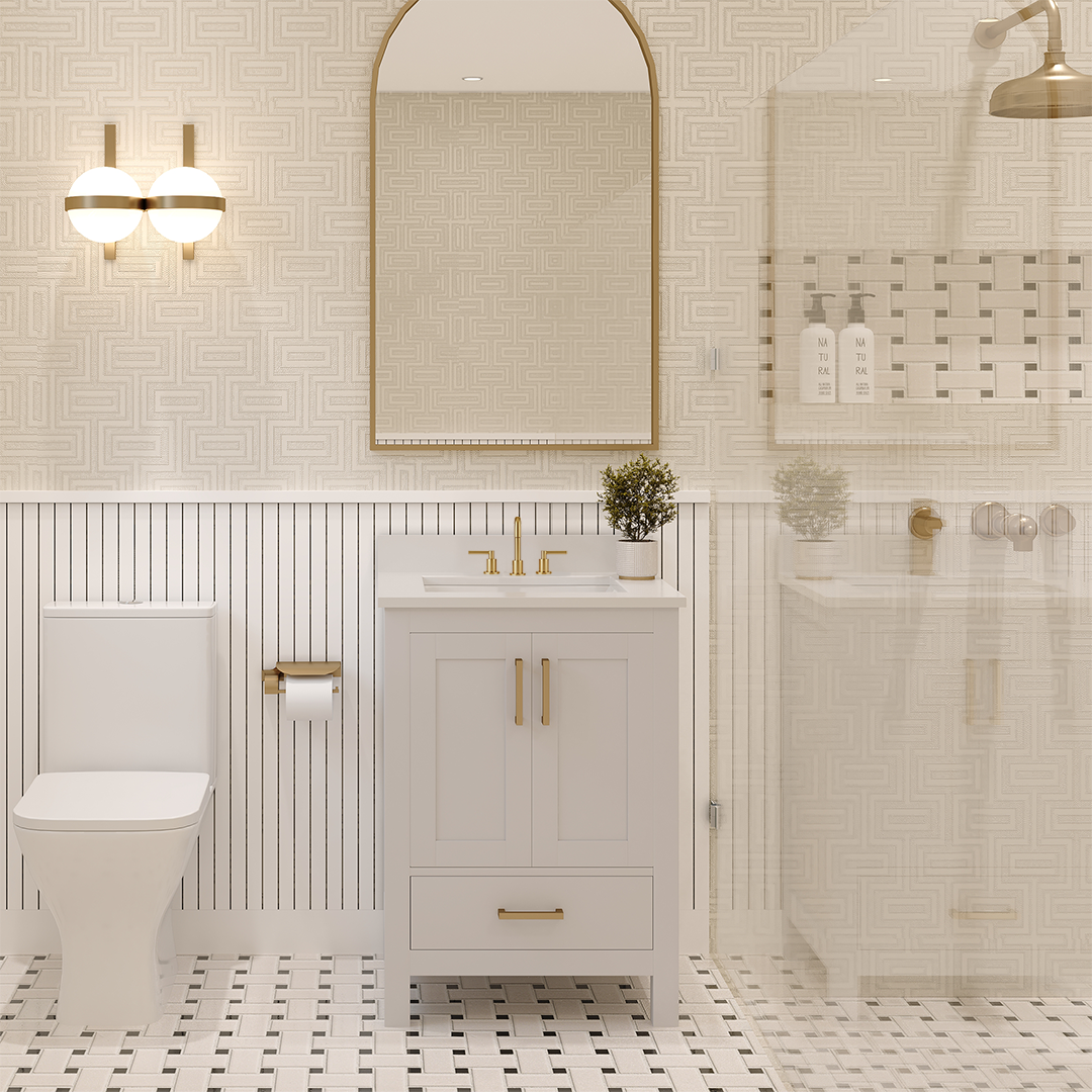 Rooh 24 Inch Solid Wood Bathroom Vanity with Undermount single Rectangle sink & White Quartz countertop 0.75 inch edge in white