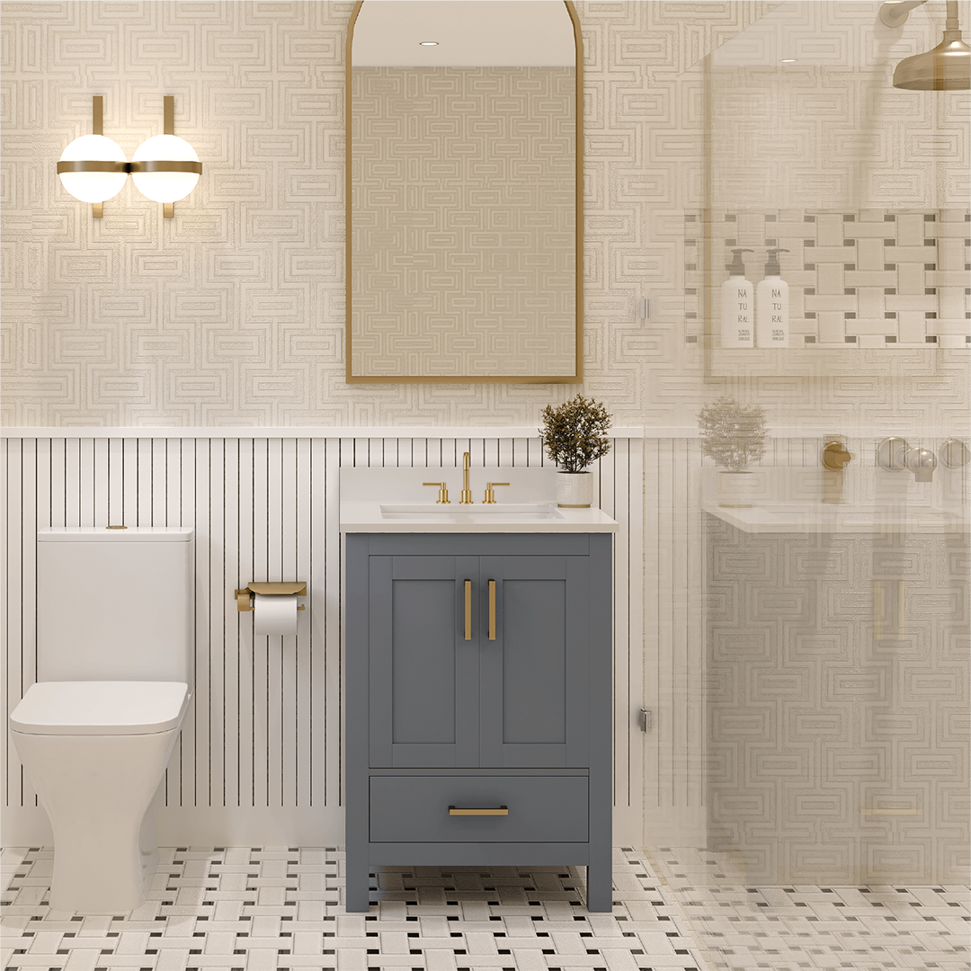 Rooh 24 Inch Solid Wood Bathroom Vanity with Undermount single Rectangle sink & White Quartz countertop 0.75 inch edge in white