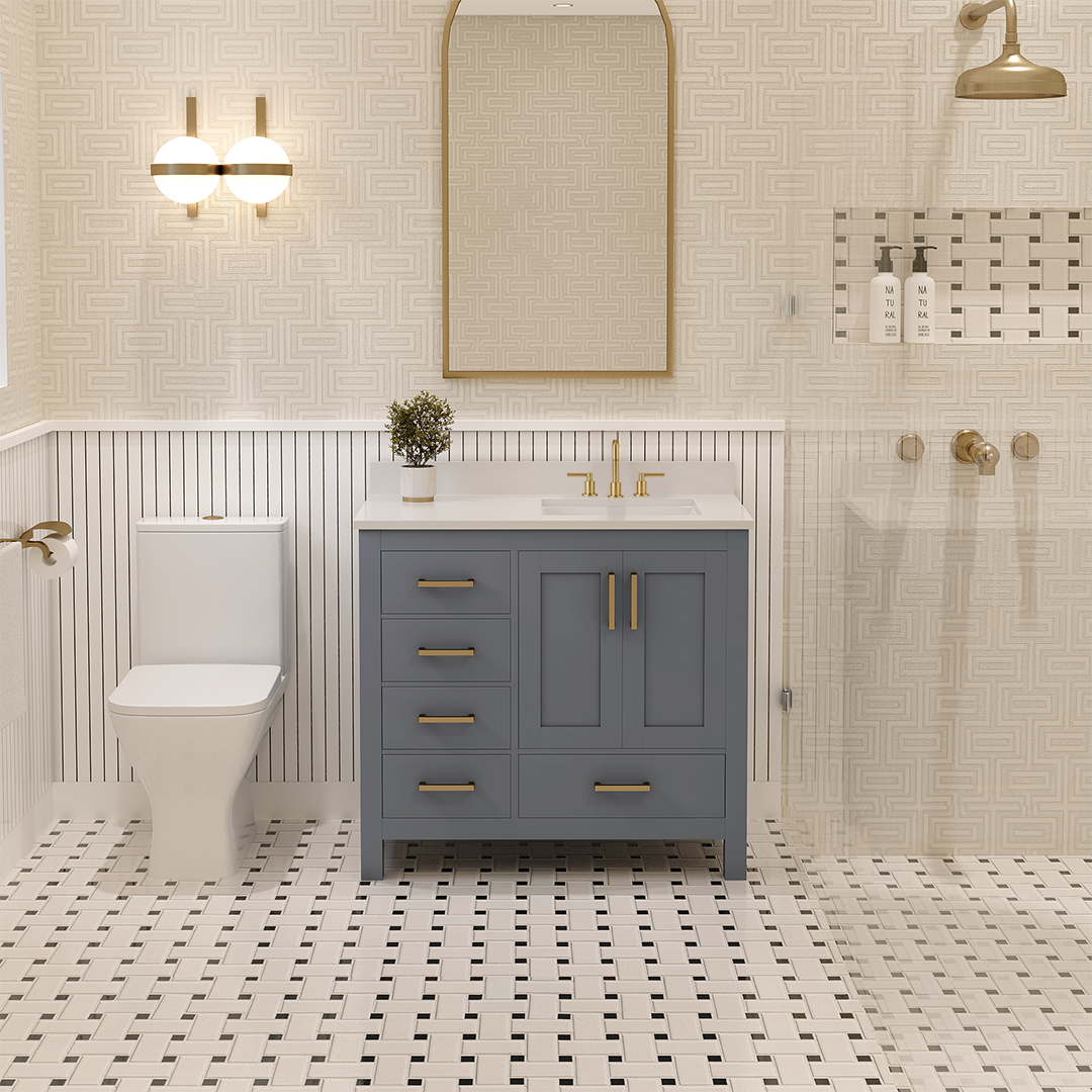 Rooh 36 Inch Right Solid Wood Single Bathroom Vanity with Undermount single Rectangle sink & White Quartz countertop 0.75 inch edge in white