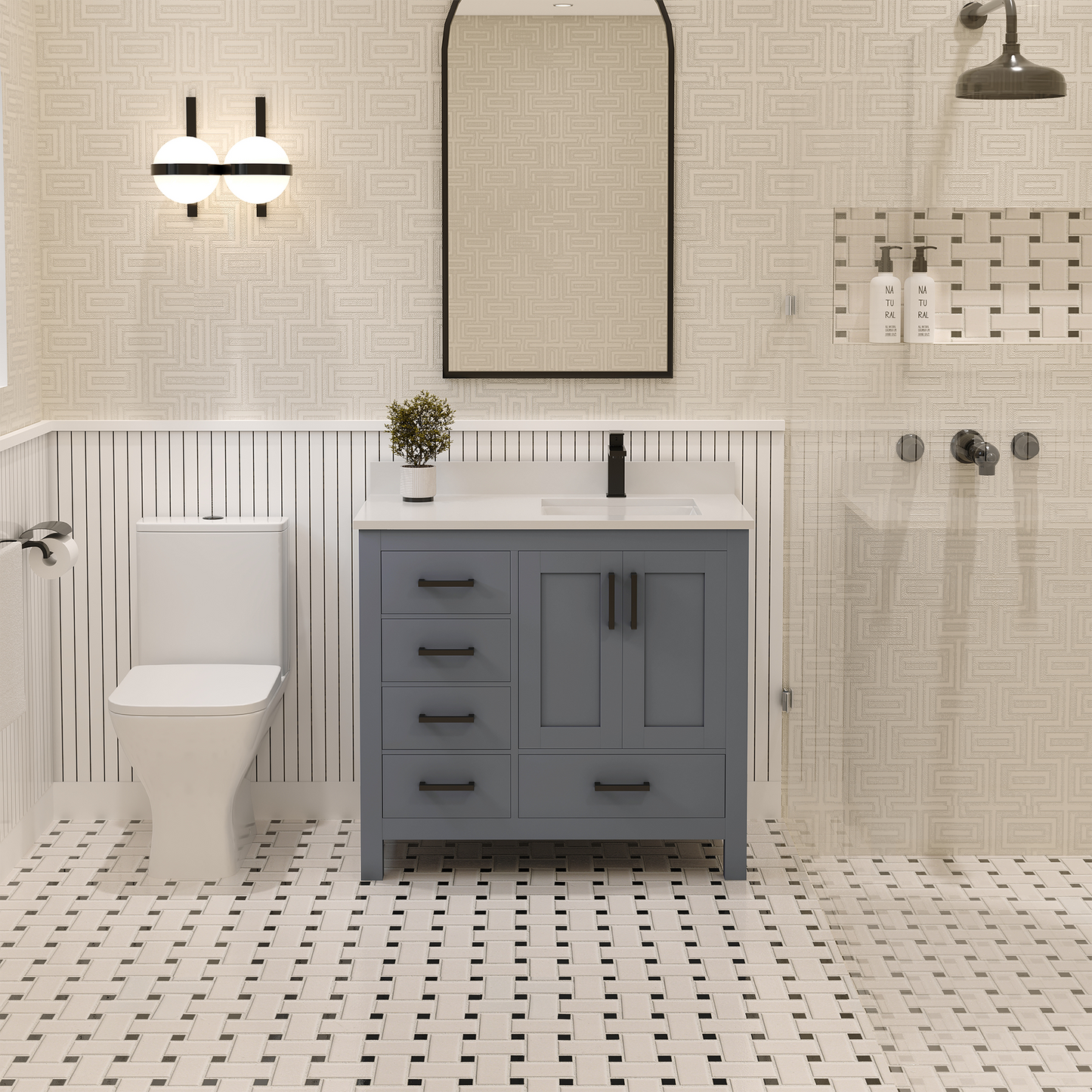 Rooh 36 Inch Right Solid Wood Single Bathroom Vanity with Quartz Countertop