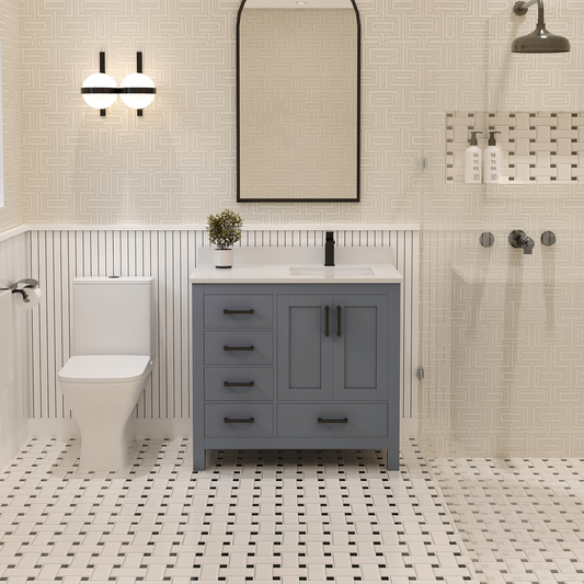 Rooh 36 Inch Right Solid Wood Single Bathroom Vanity with Undermount single Rectangle sink & White Quartz countertop 0.75 inch edge in white