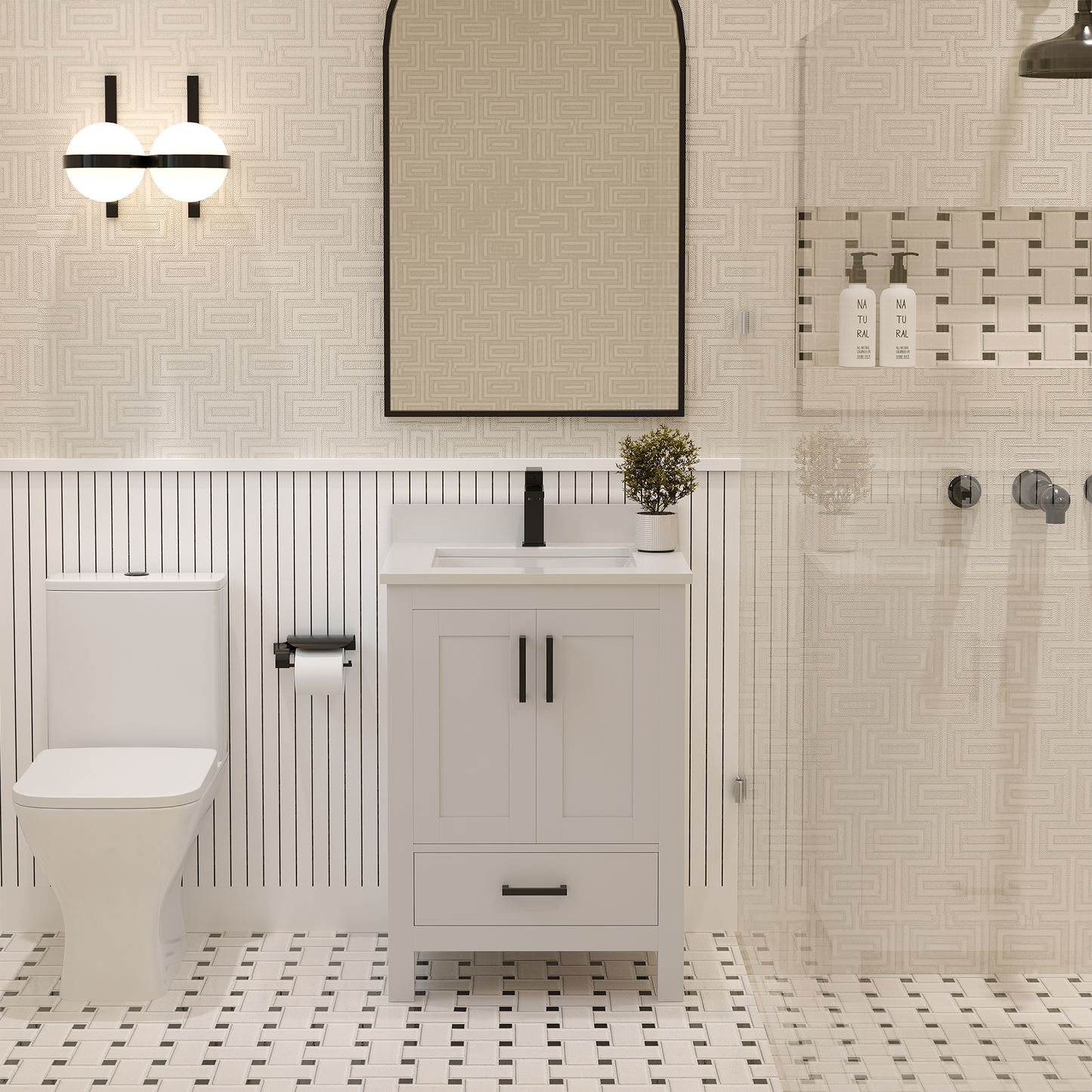 Rooh 24 Inch Solid Wood Bathroom Vanity with Undermount single Rectangle sink & White Quartz countertop 0.75 inch edge in white