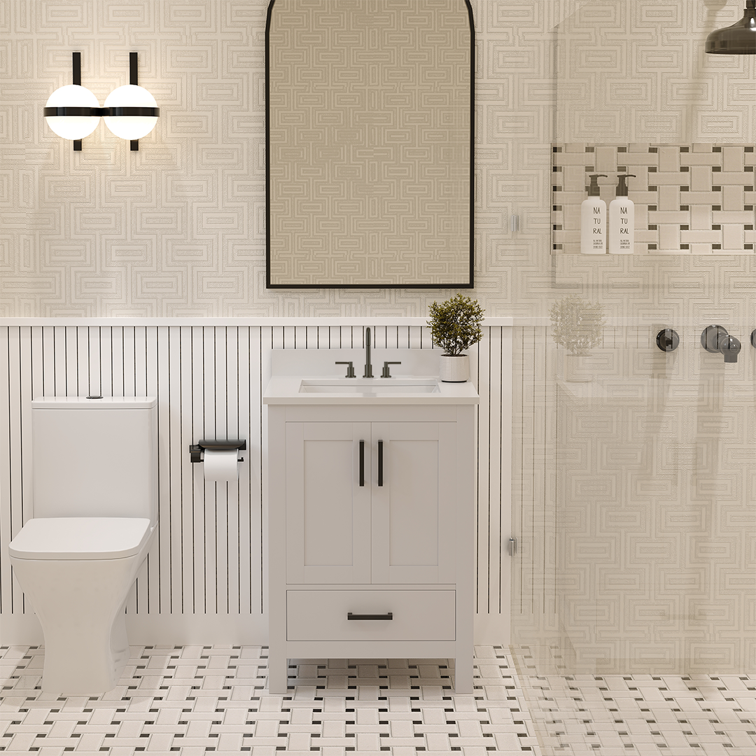 Rooh 24 Inch Solid Wood Bathroom Vanity with Undermount single Rectangle sink & White Quartz countertop 0.75 inch edge in white