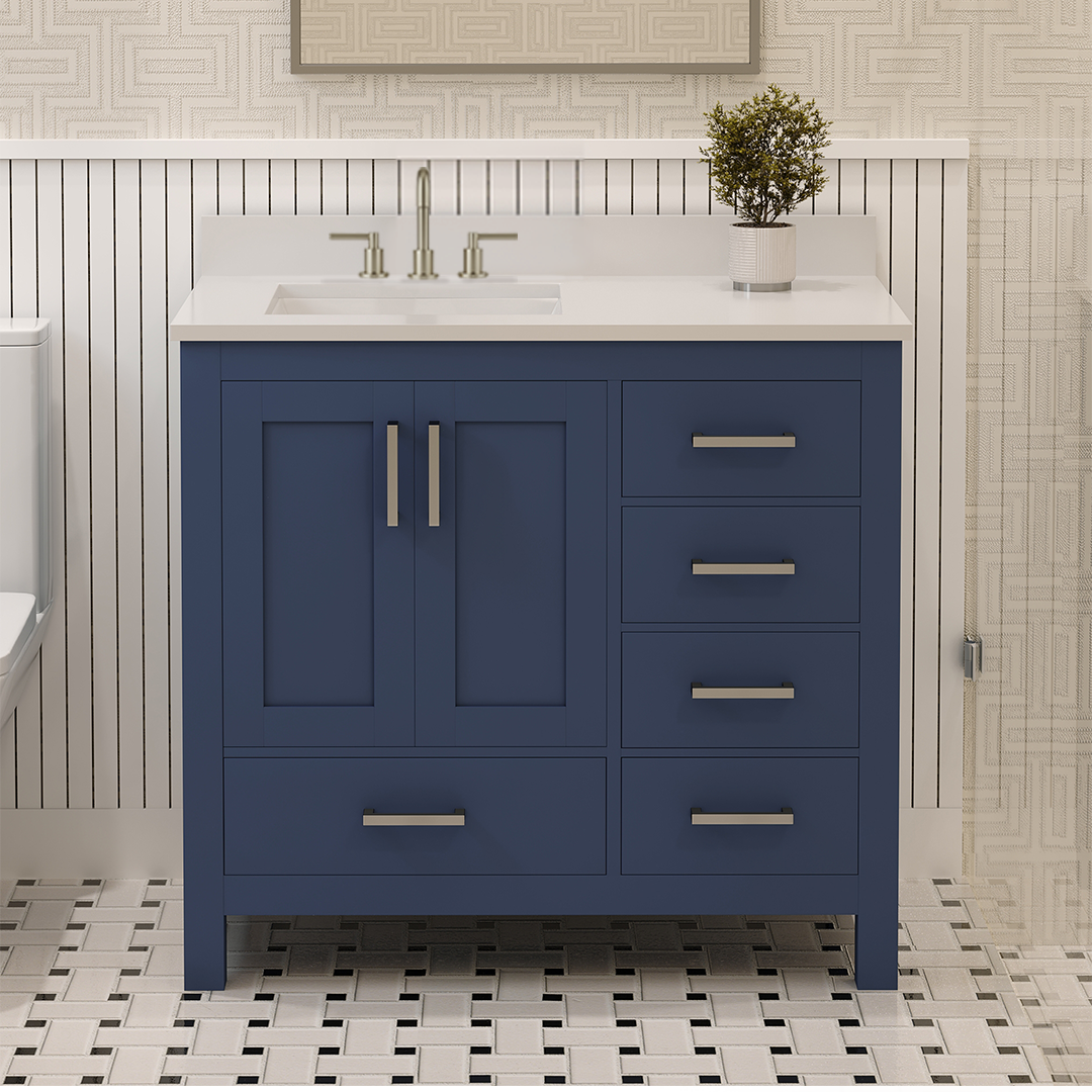 Rooh 36 Inch Left Solid Wood Single Bathroom Vanity with Undermount single Rectangle sink & White Quartz countertop 0.75 inch edge in white