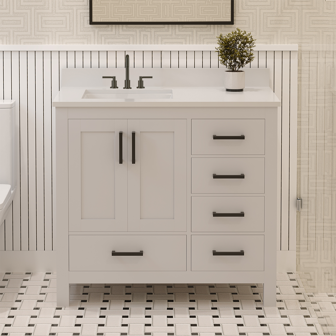 Rooh 36 Inch Left Solid Wood Single Bathroom Vanity with Undermount single Rectangle sink & White Quartz countertop 0.75 inch edge in white