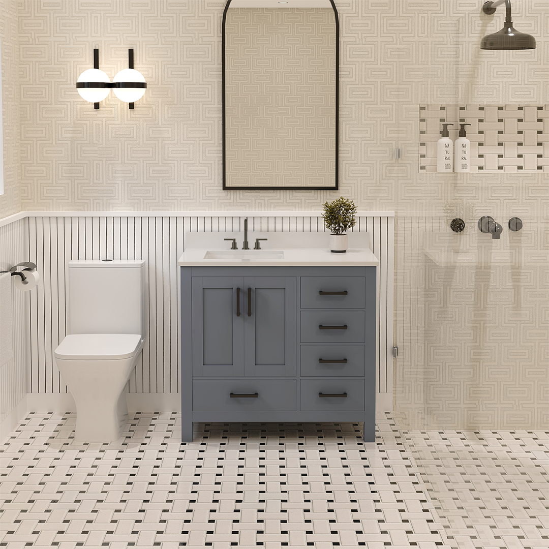 Rooh 36 Inch Left Solid Wood Single Bathroom Vanity with Undermount single Rectangle sink & White Quartz countertop 0.75 inch edge in white
