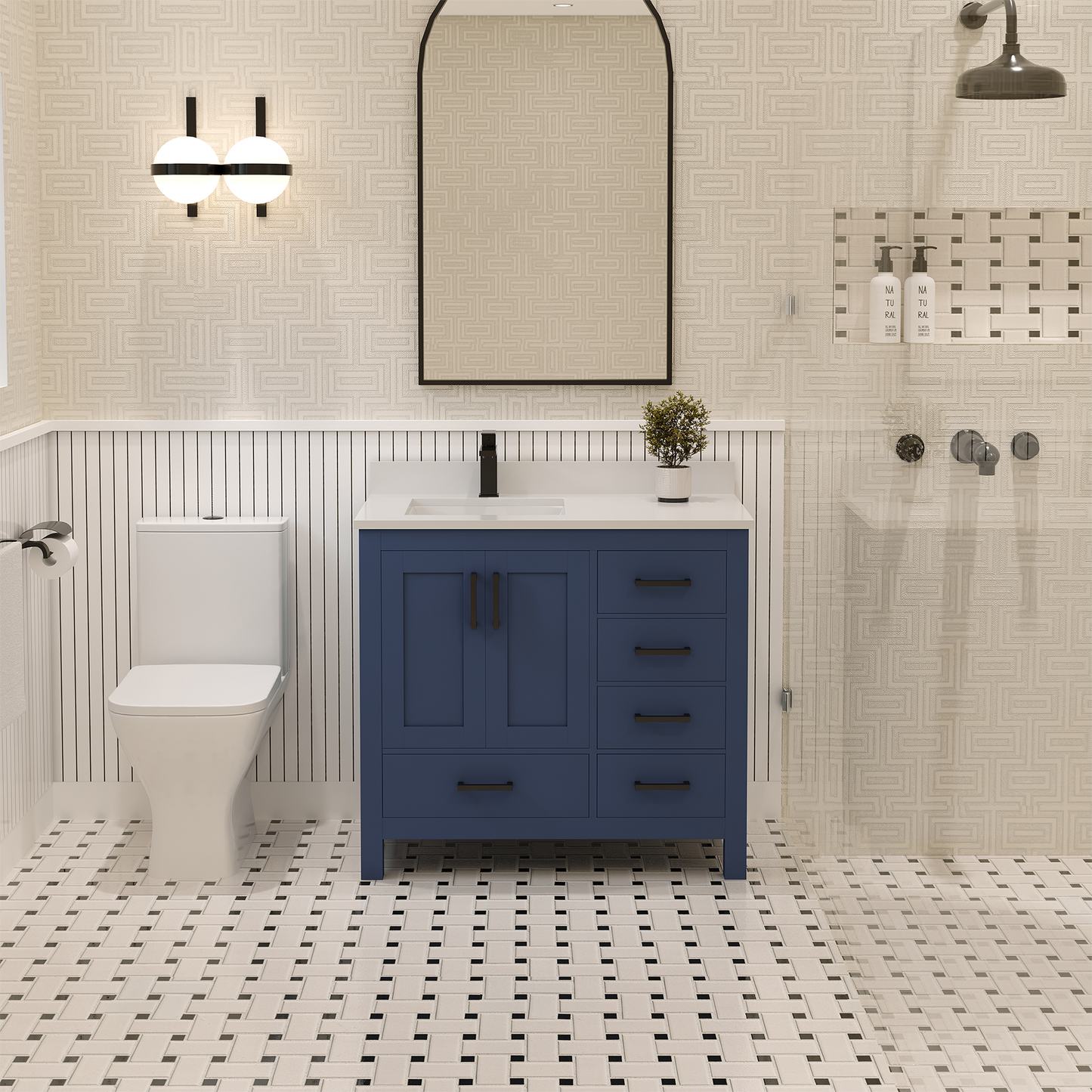 Rooh 36 Inch Left Solid Wood Single Bathroom Vanity with Undermount single Rectangle sink & White Quartz countertop 0.75 inch edge in white