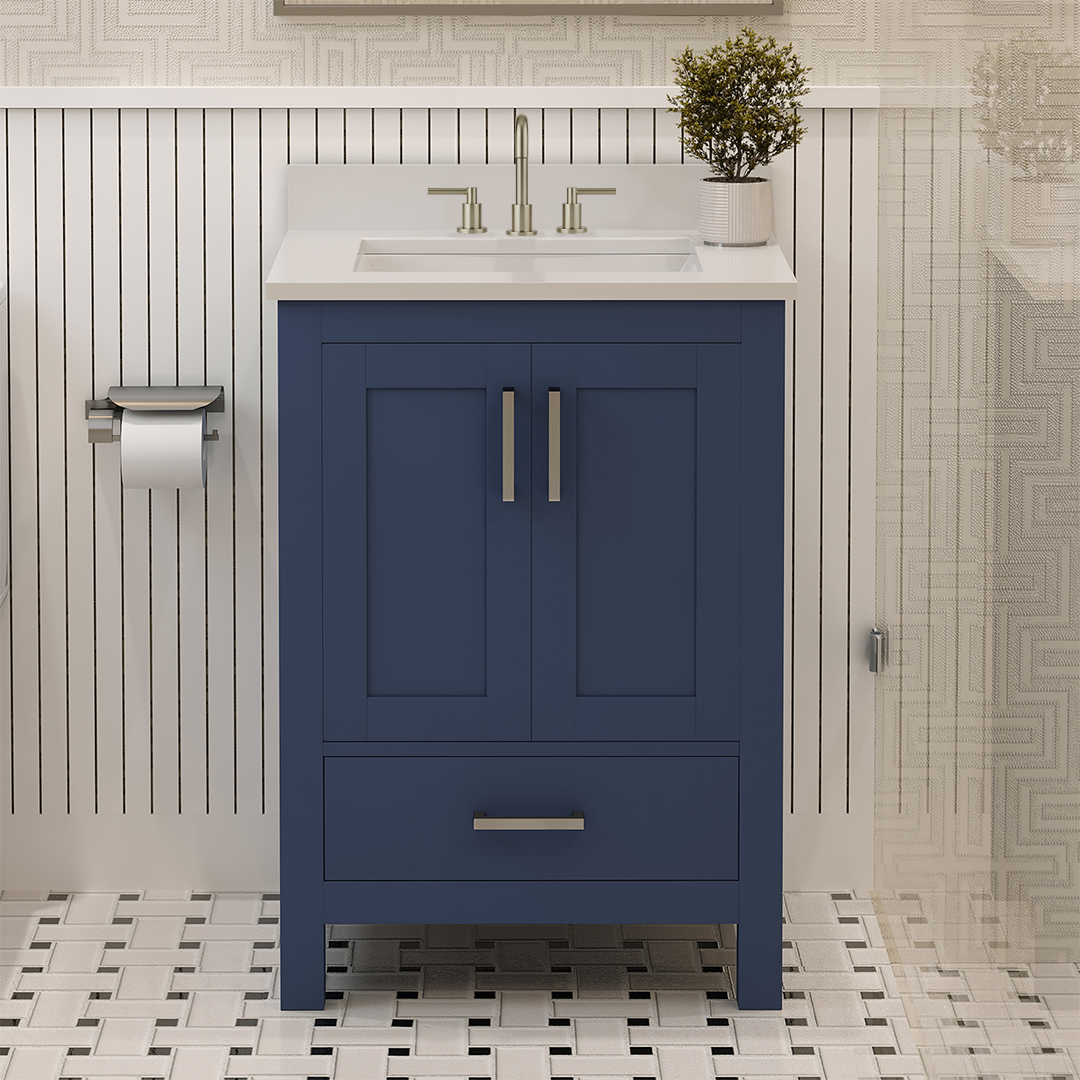 Rooh 24 Inch Solid Wood Bathroom Vanity with Undermount single Rectangle sink & White Quartz countertop 0.75 inch edge in white