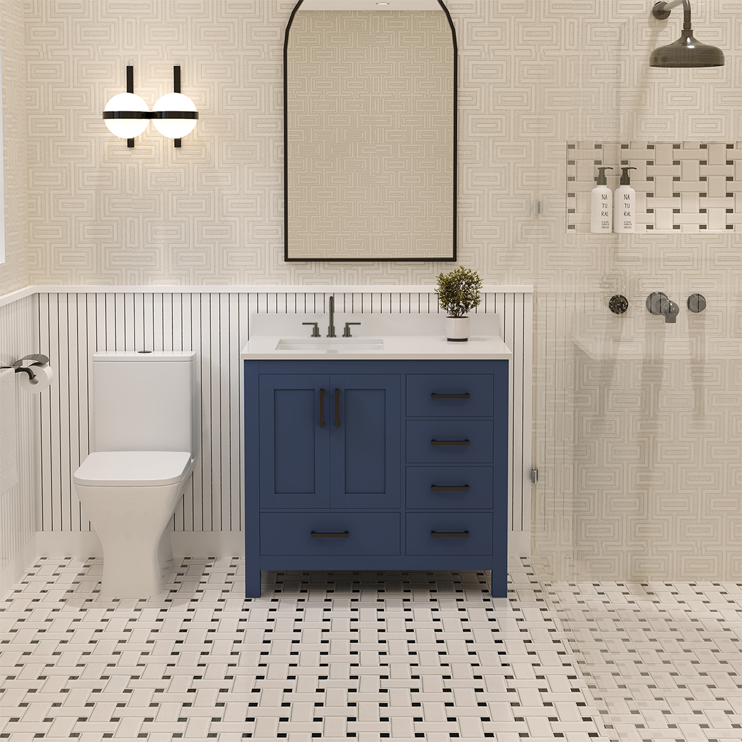 Rooh 36 Inch Left Solid Wood Single Bathroom Vanity with Undermount single Rectangle sink & White Quartz countertop 0.75 inch edge in white