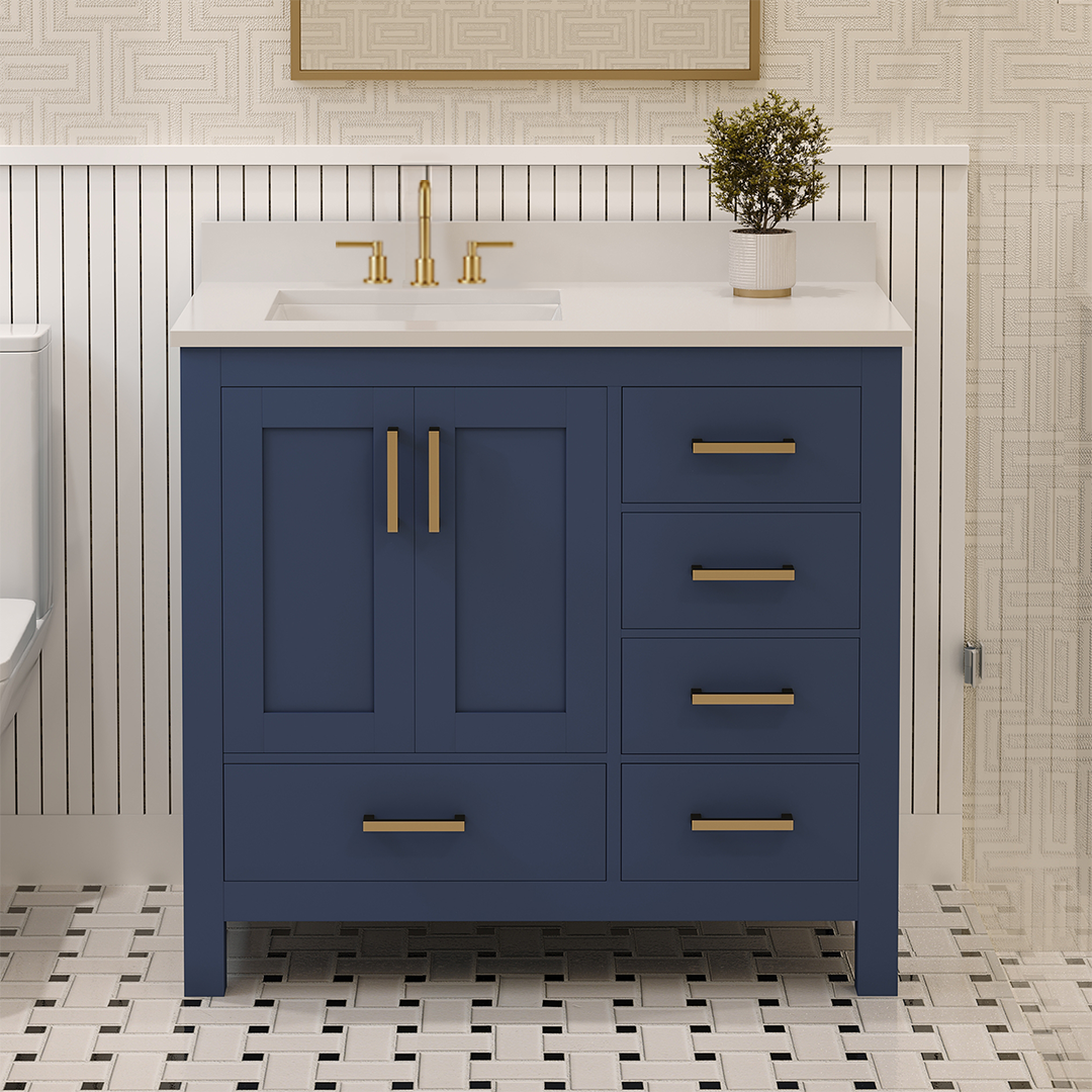 Rooh 36 Inch Left Solid Wood Single Bathroom Vanity with Undermount single Rectangle sink & White Quartz countertop 0.75 inch edge in white