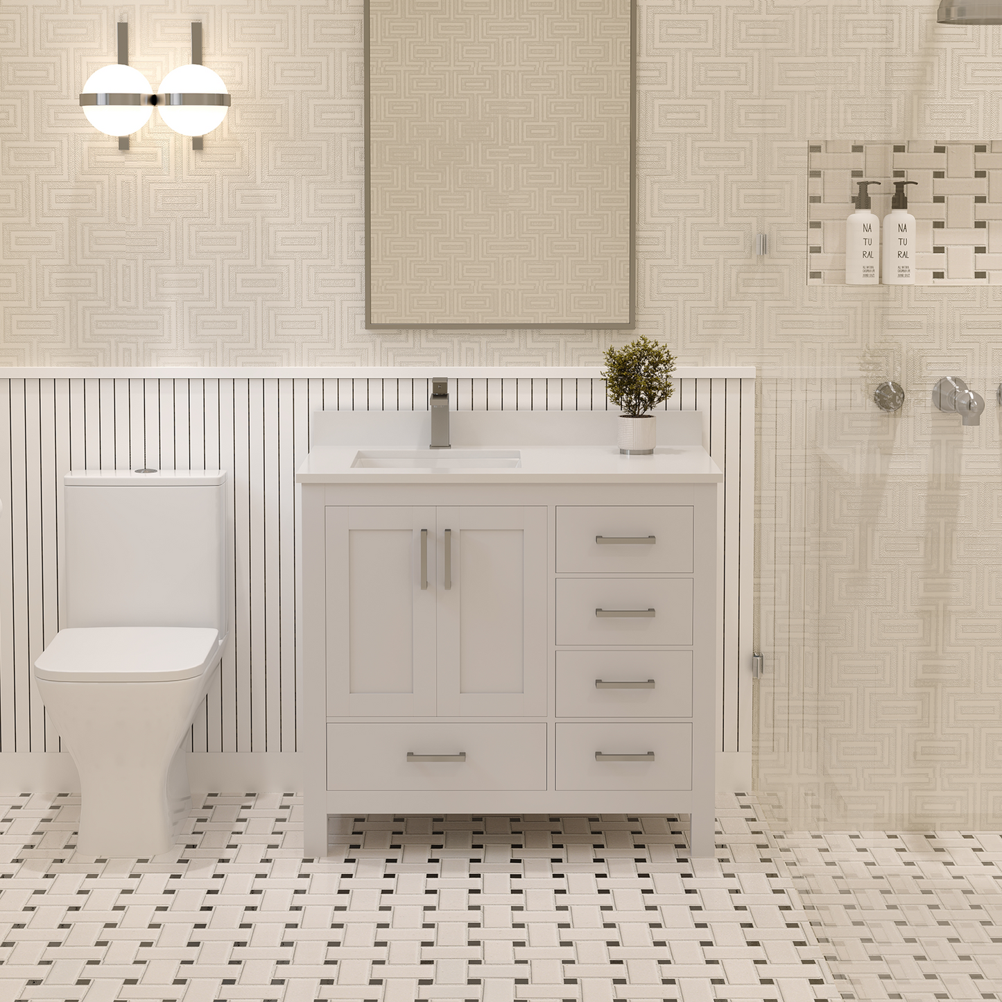 Rooh 36 Inch Left Solid Wood Single Bathroom Vanity with Undermount single Rectangle sink & White Quartz countertop 0.75 inch edge in white