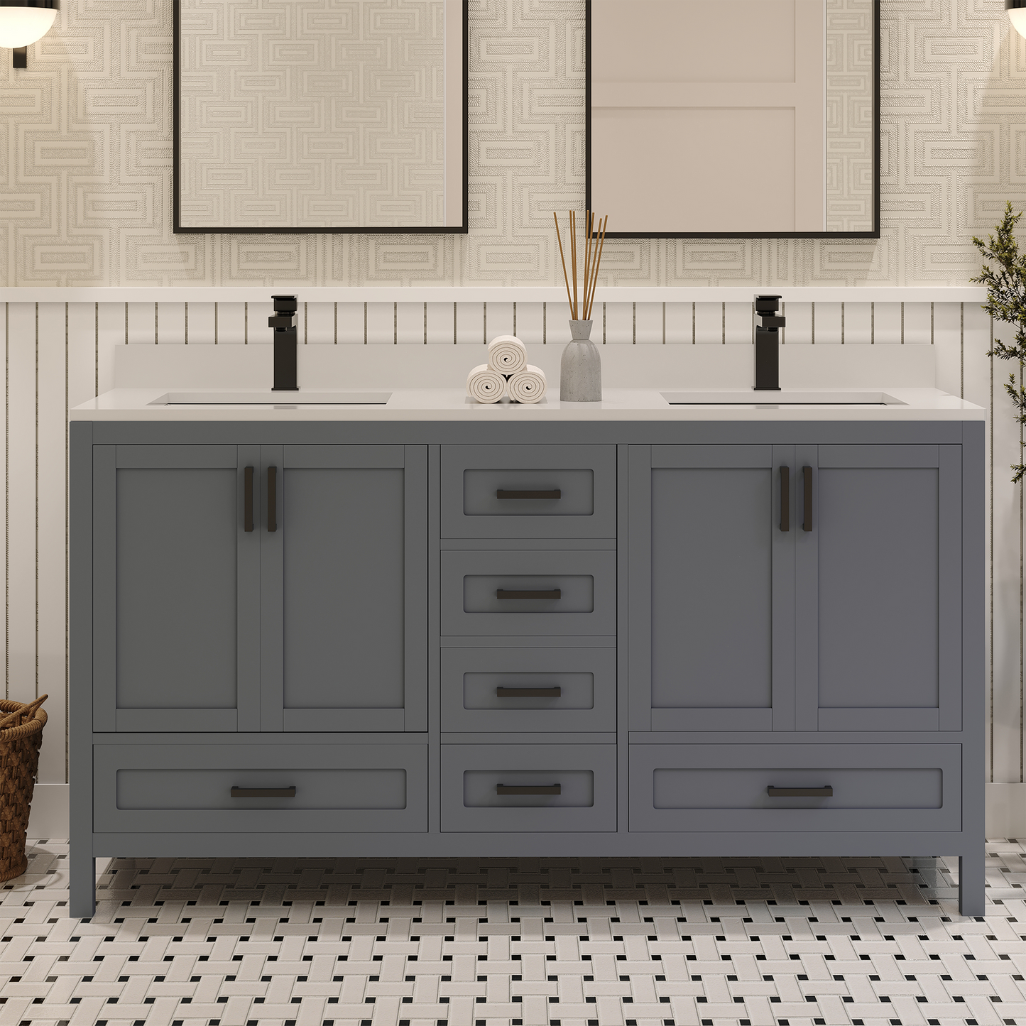 Rooh 60 Inch Solid Wood Bathroom Vanity with Undermount double Rectangle sinks & White Quartz countertop 0.75 inch edge in white