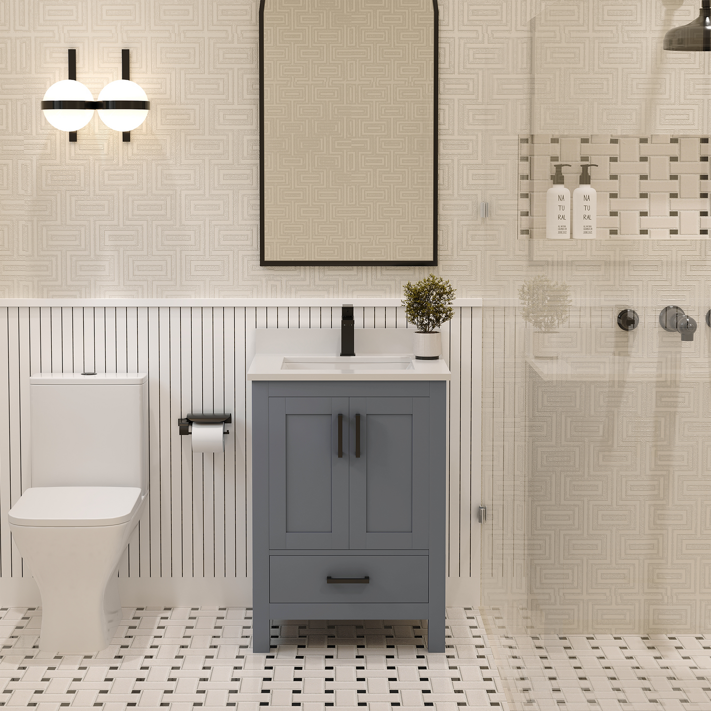 Rooh 24 Inch Solid Wood Bathroom Vanity with Undermount single Rectangle sink & White Quartz countertop 0.75 inch edge in white