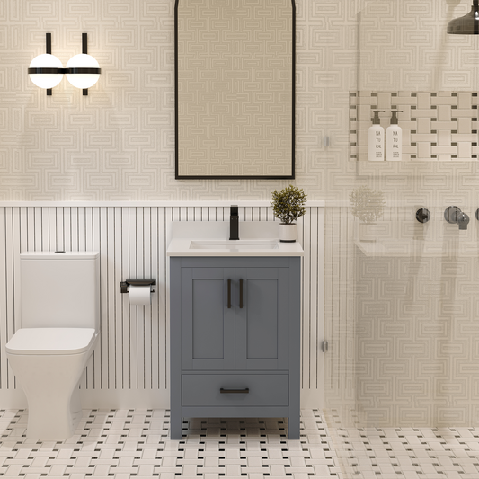 Rooh 24 Inch Solid Wood Bathroom Vanity with Undermount single Rectangle sink & White Quartz countertop 0.75 inch edge in white