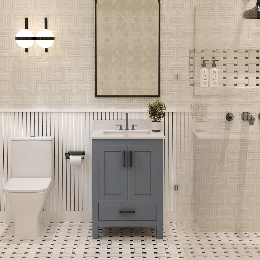 Rooh 24 Inch Solid Wood Bathroom Vanity with Undermount single Rectangle sink & White Quartz countertop 0.75 inch edge in white