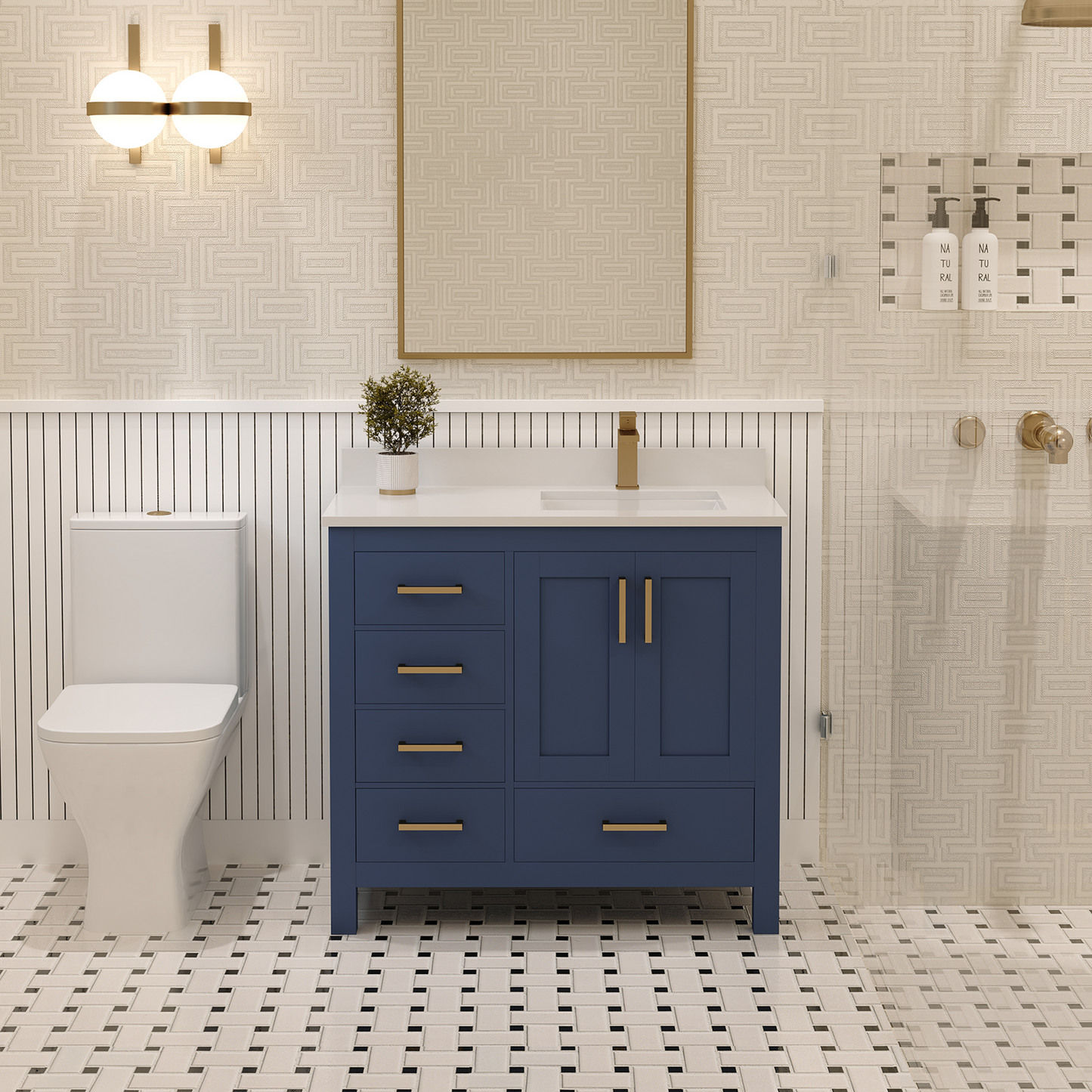 Rooh 36 Inch Right Solid Wood Single Bathroom Vanity with Quartz Countertop