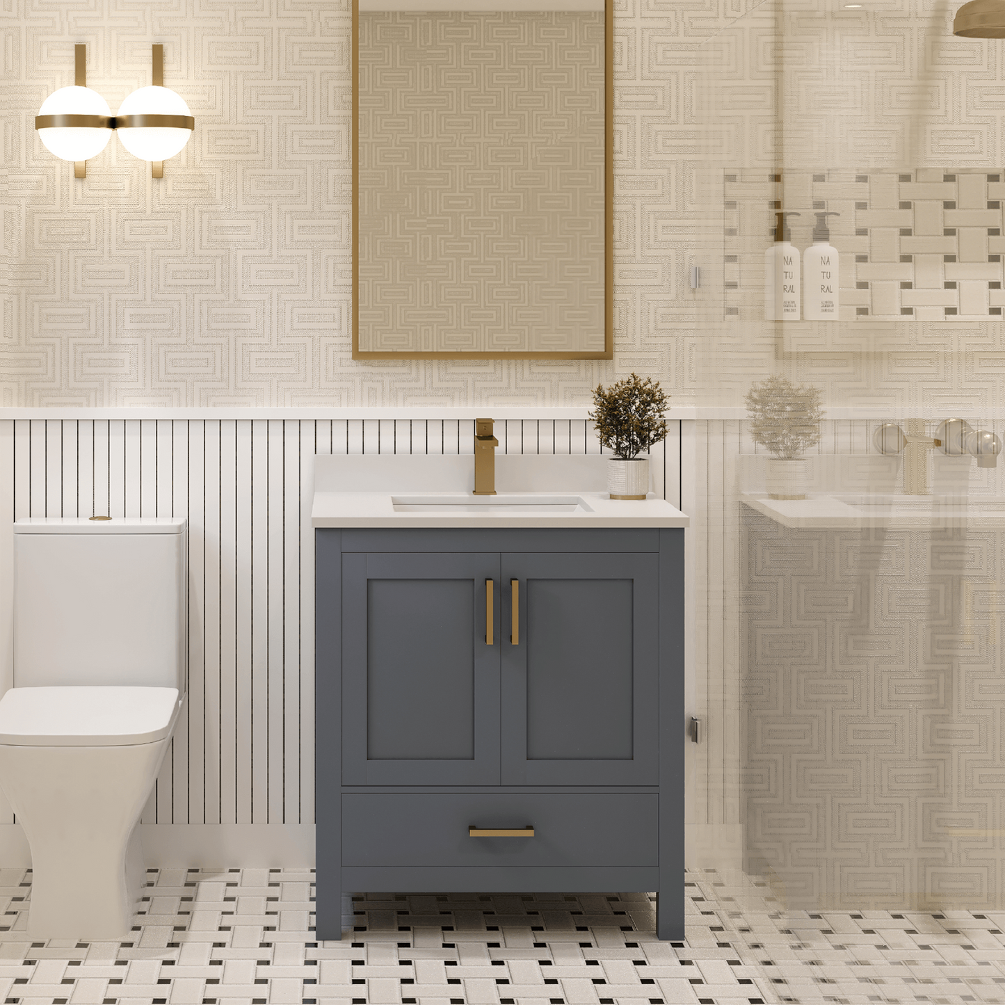 Rooh 30 Inch Solid Wood Bathroom Vanity with Undermount single Rectangle sink & White Quartz countertop 0.75 inch edge in white