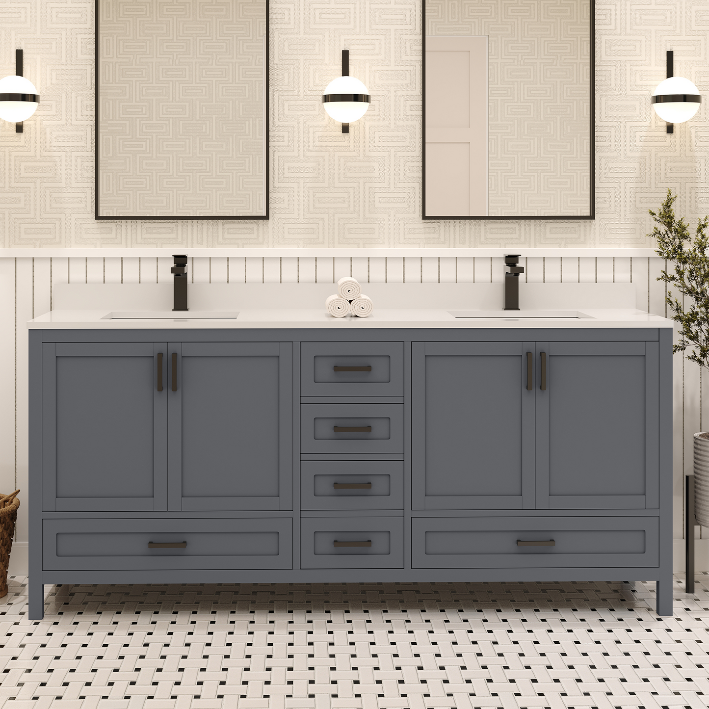 Rooh 72 Inch Solid Wood Bathroom Vanity with Undermount double Rectangle sinks & White Quartz countertop 0.75 inch edge in white