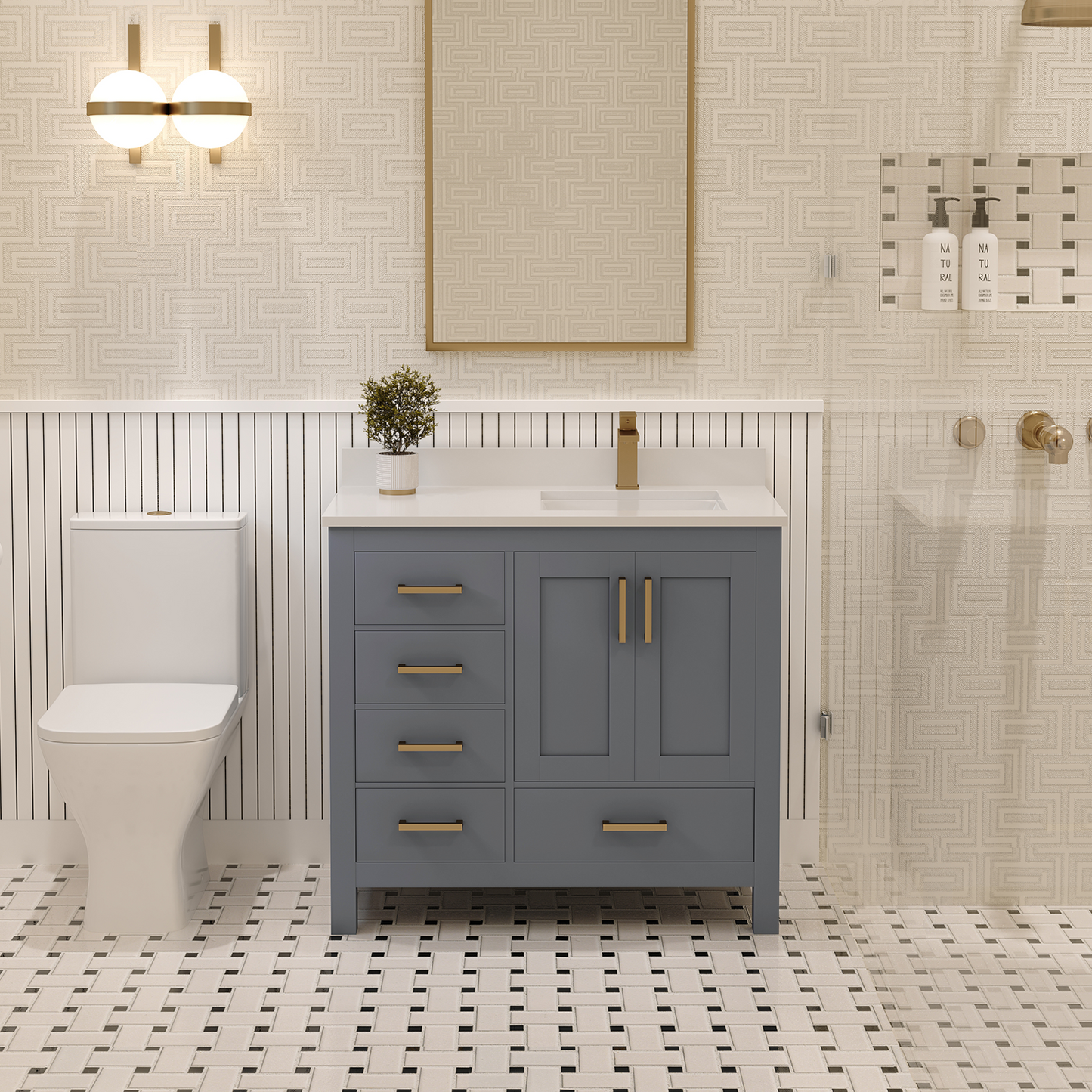 Rooh 36 Inch Right Solid Wood Single Bathroom Vanity with Quartz Countertop