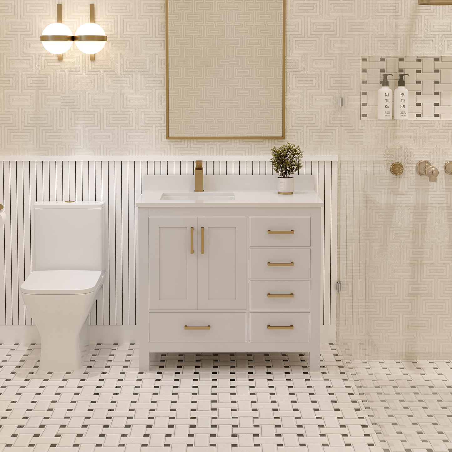 Rooh 36 Inch Left Solid Wood Single Bathroom Vanity with Undermount single Rectangle sink & White Quartz countertop 0.75 inch edge in white