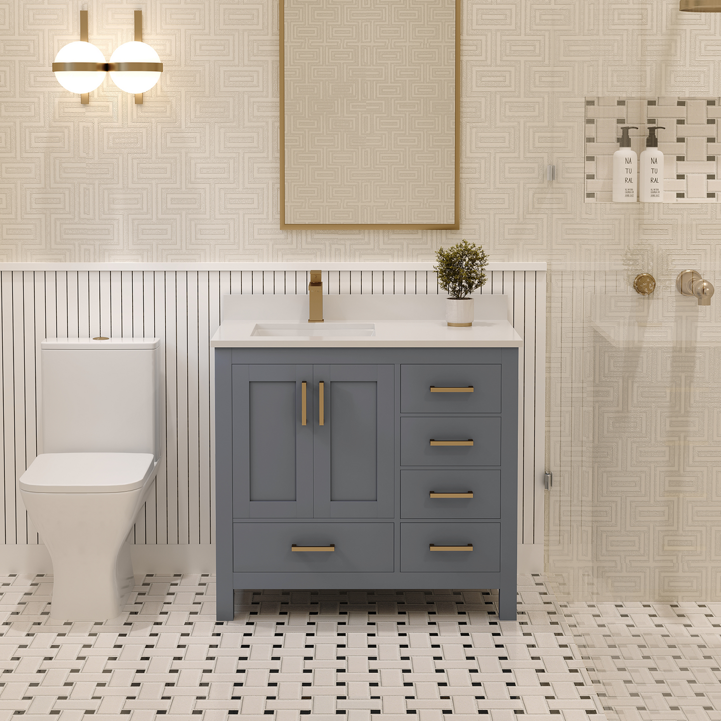 Rooh 36 Inch Left Solid Wood Single Bathroom Vanity with Undermount single Rectangle sink & White Quartz countertop 0.75 inch edge in white