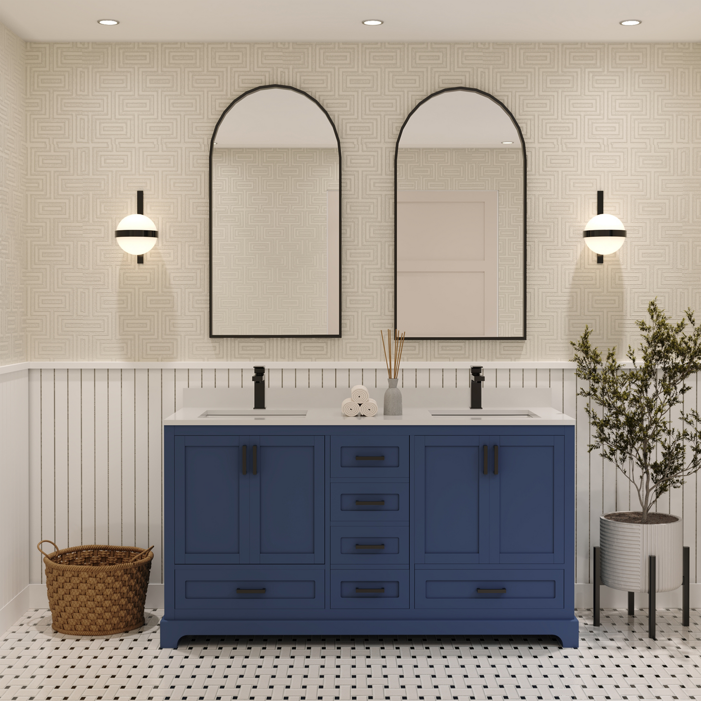 Maya 60 Inch Solid Wood Double Bathroom Vanity with Quartz Countertop