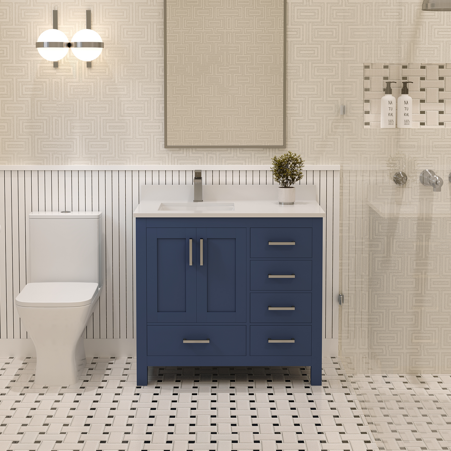 Rooh 36 Inch Left Solid Wood Single Bathroom Vanity with Undermount single Rectangle sink & White Quartz countertop 0.75 inch edge in white