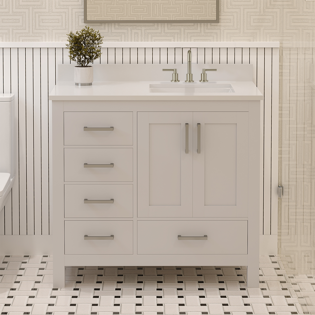 Rooh 36 Inch Right Solid Wood Single Bathroom Vanity with Undermount single Rectangle sink & White Quartz countertop 0.75 inch edge in white