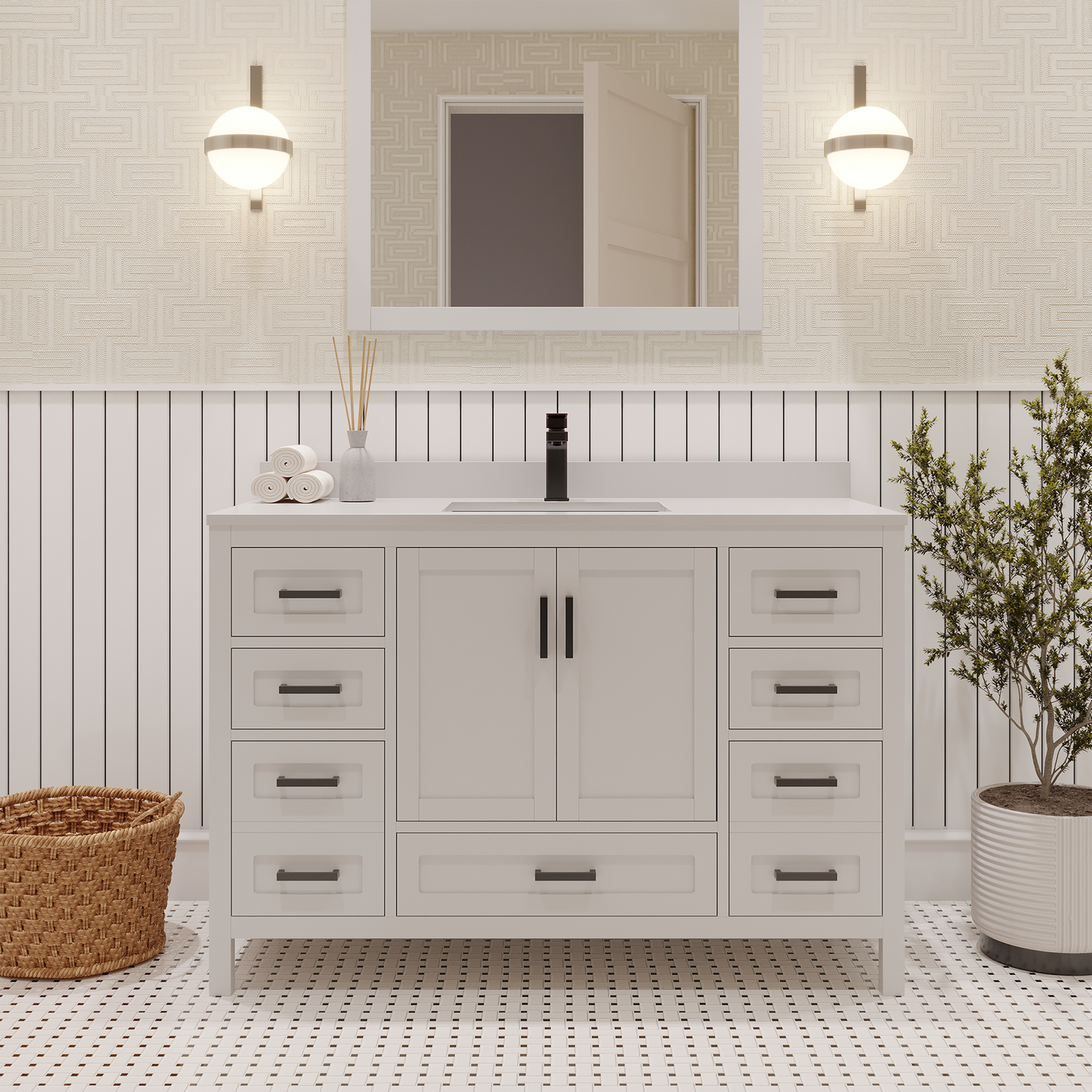 Rooh 48 Inch Solid Wood Bathroom Vanity with Undermount single Rectangle sink & White Quartz countertop 0.75 inch edge in white